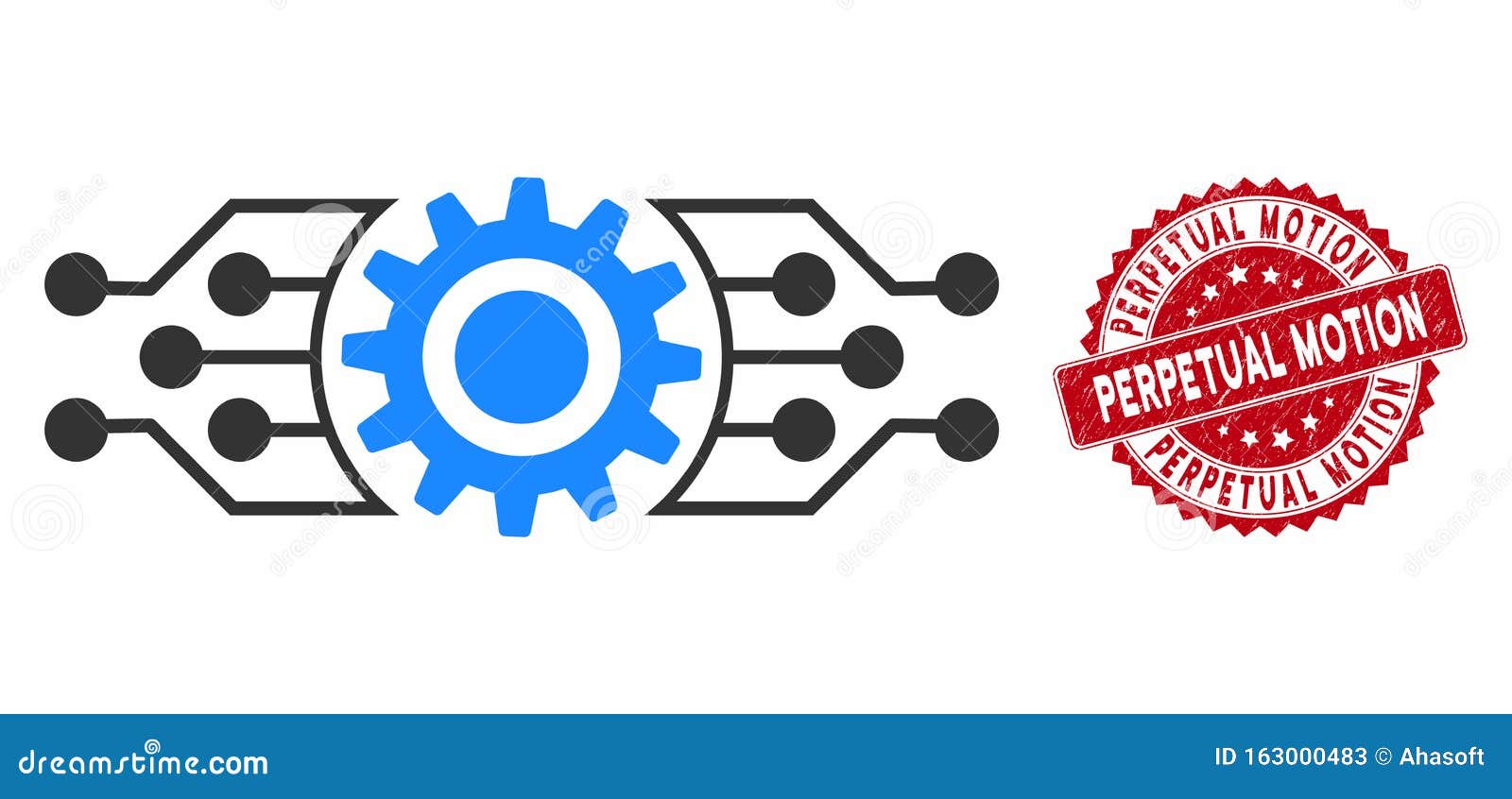 Digitaal cog-pictogram met grunge permanent bewegingszegel. Vector digitaal cogikoon en rubberen ronde zegelverzegeling met de tekst van de Motie Het vlakke digitale cogpictogram is geïsoleerd op een witte achtergrond Perpetual Motion-stempelafdichting gebruikt rode kleur en grijsvormig ontwerp