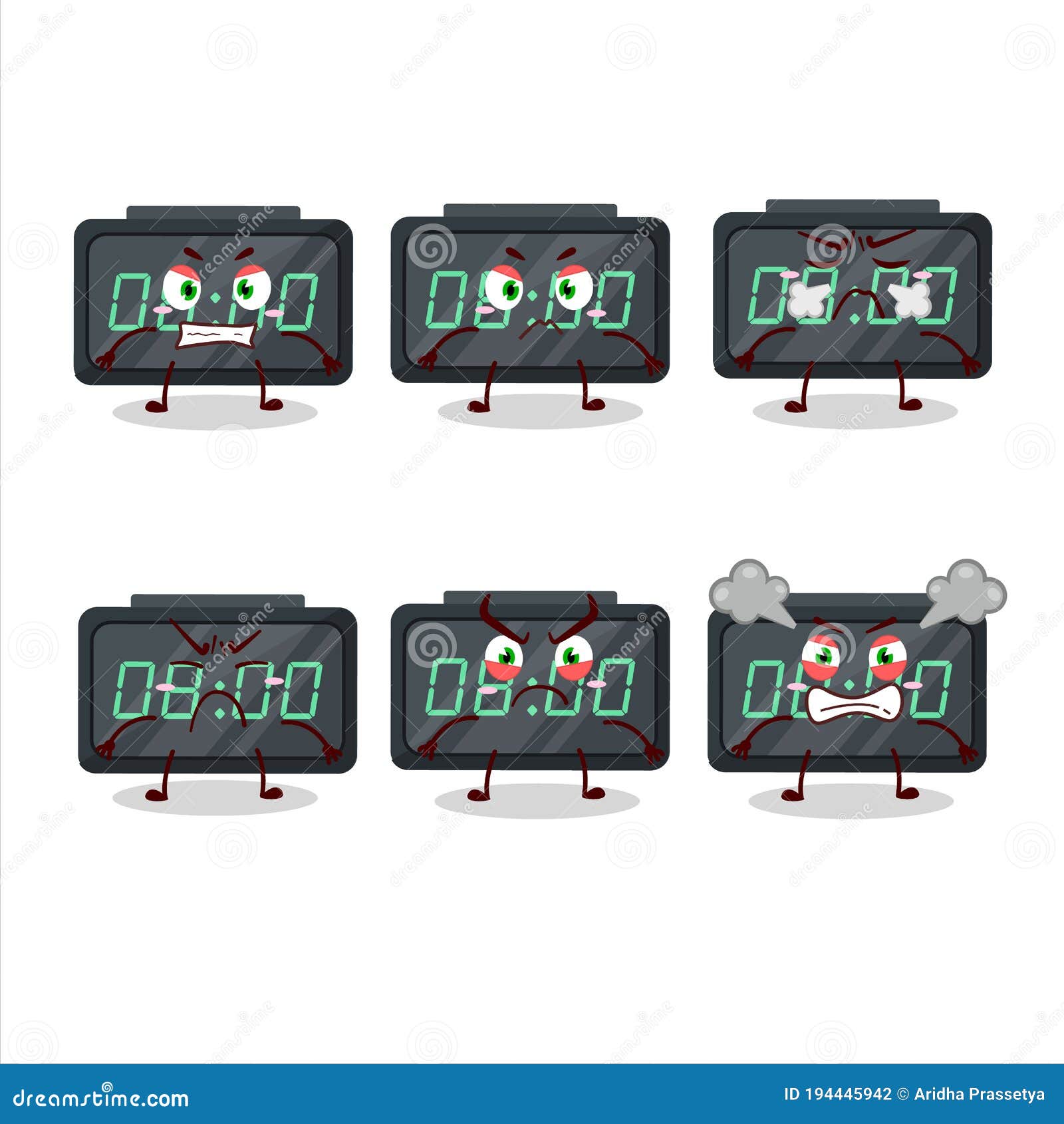 Digital Alarm Clock Cartoon Character with Various Angry Expressions