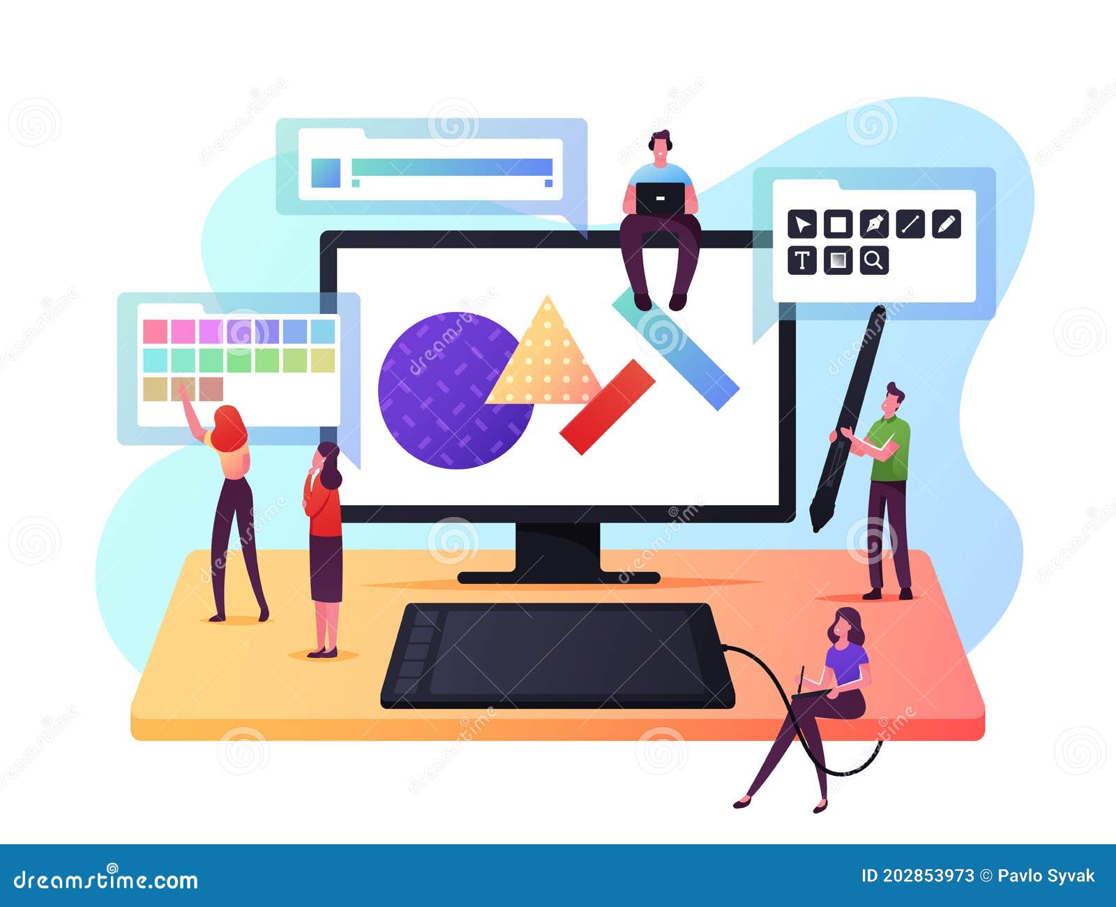 digital art, logo creation concept. tiny male and female graphic er characters drawing on huge computer, artwork