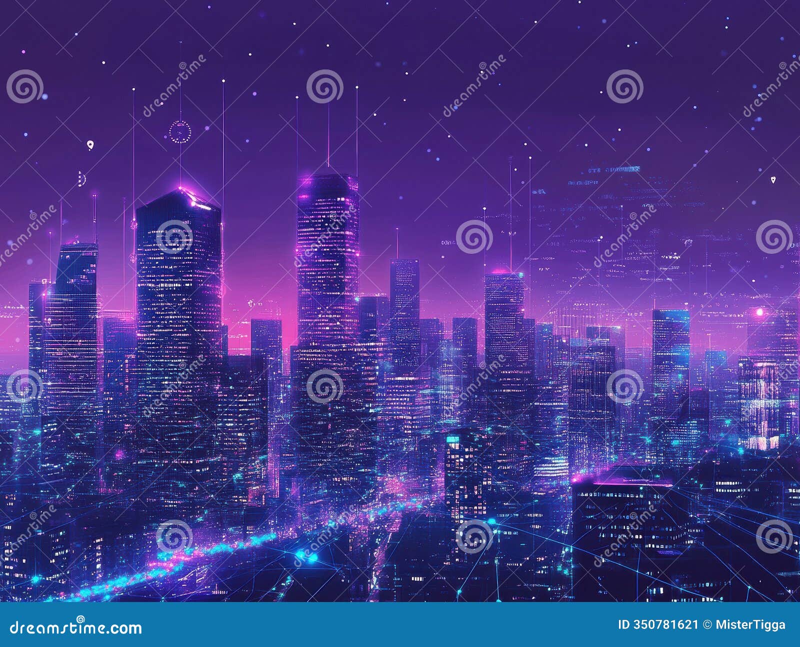 a digital art piece showcases a cyberpunk-themed futuristic cityscape under twilight, illuminated by neon lights and
