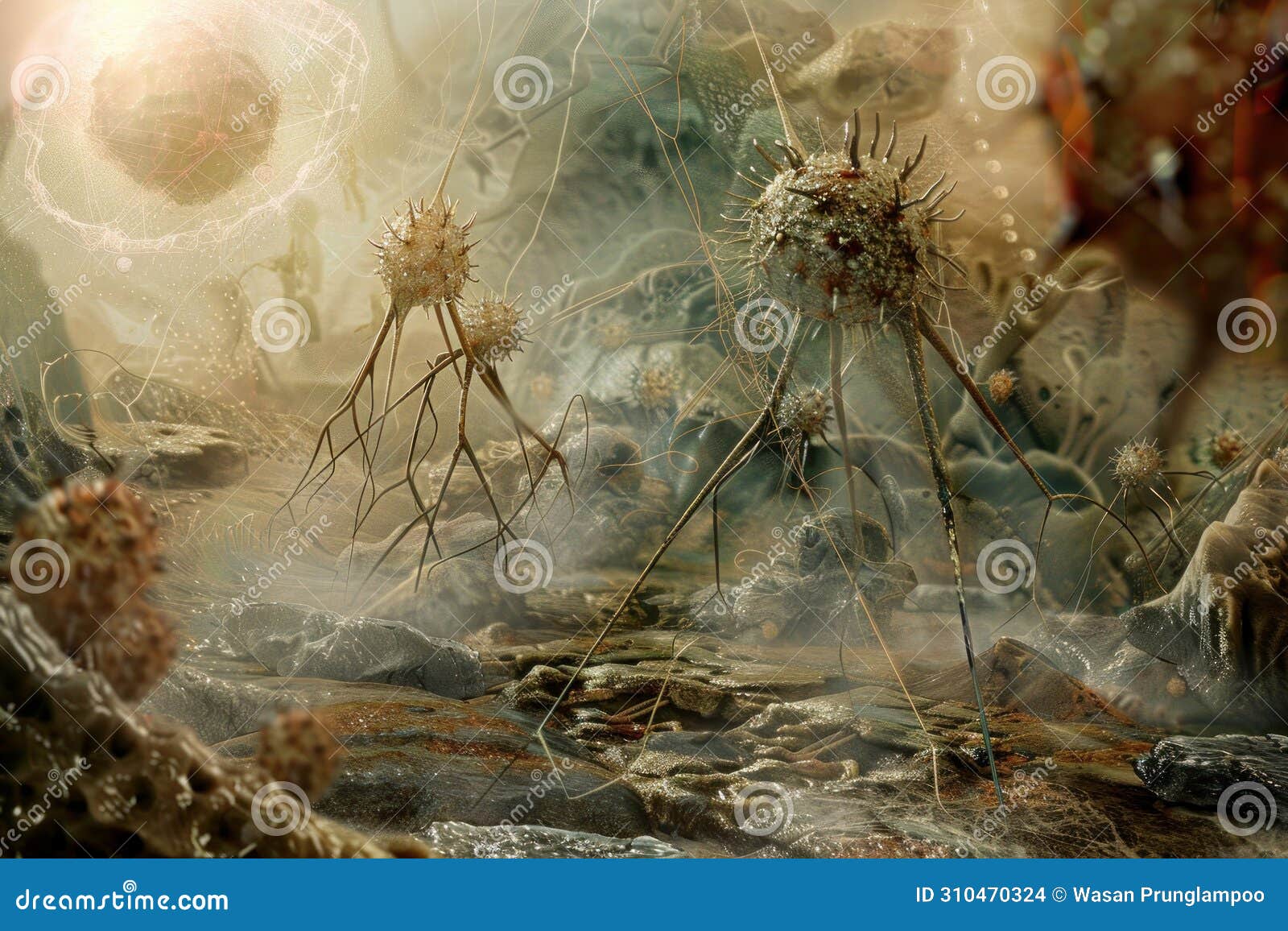 digital art piece showing bacteriophages as nanotech warriors in a microcosmic battle