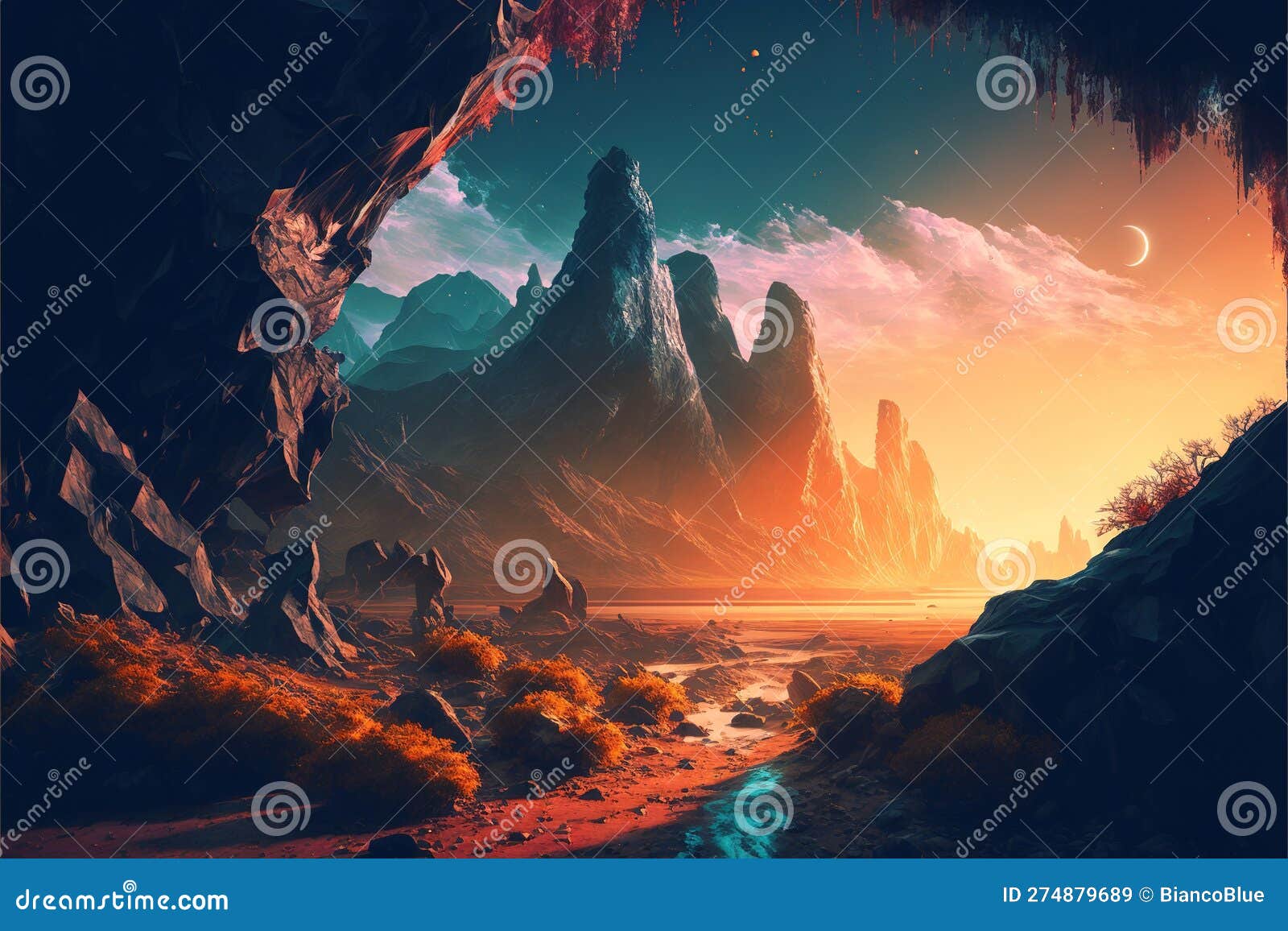 digital artwork of beautiful and surreal mountain range landscape