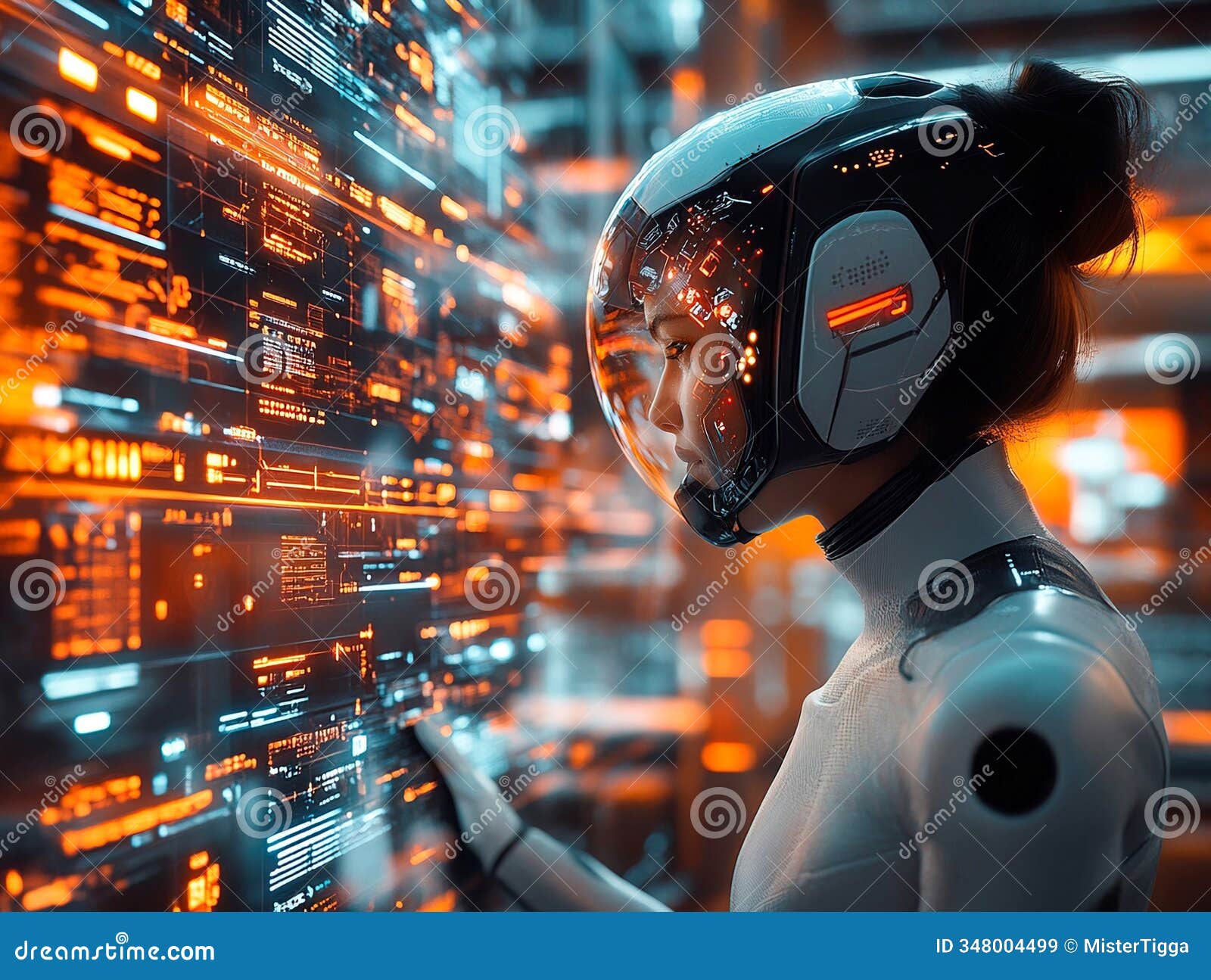 a digital artwork showcases a white, humanoid robot with feminine features and a raised helmet the robot is equipped