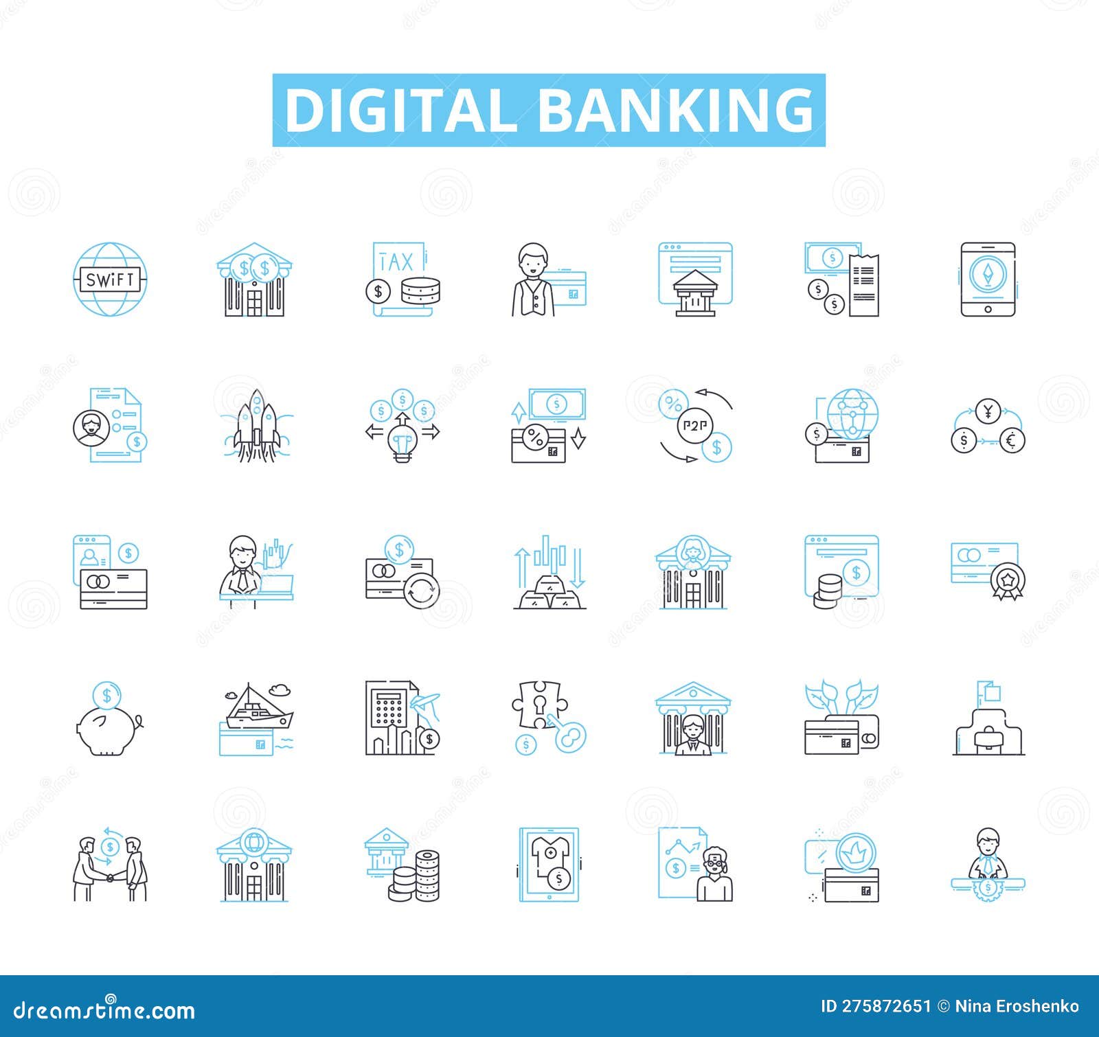 digital banking linear icons set. fintech, mobile, online, transactions, security, innovation, accessibility line 