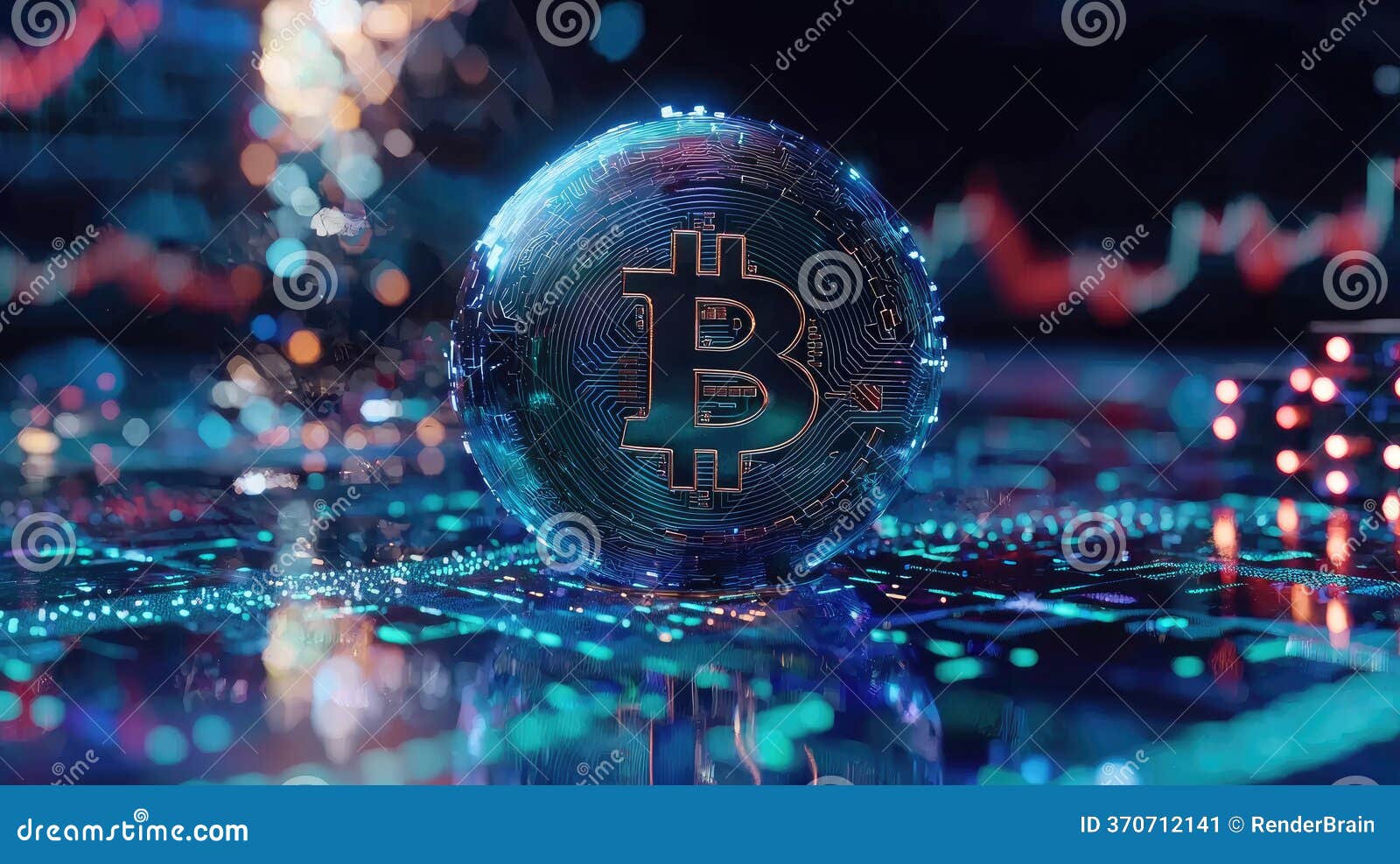 Digital Bitcoin Sphere with Glowing Circuitry on Reflective Surface Against  Bokeh and Financial Chart Backdrop Stock Illustration - Illustration of  currency, analysis: 370712141