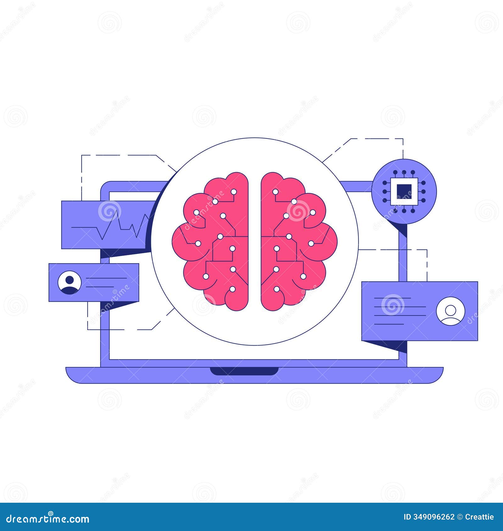 digital brain displayed on laptop screen in flat   izing artificial intelligence, technology