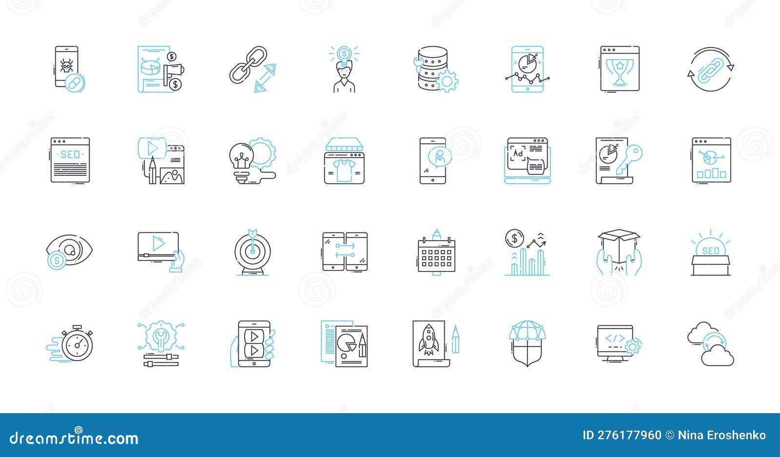 digital branding linear icons set. identity, recognition, reputation, consistency, messaging, authenticity, personality
