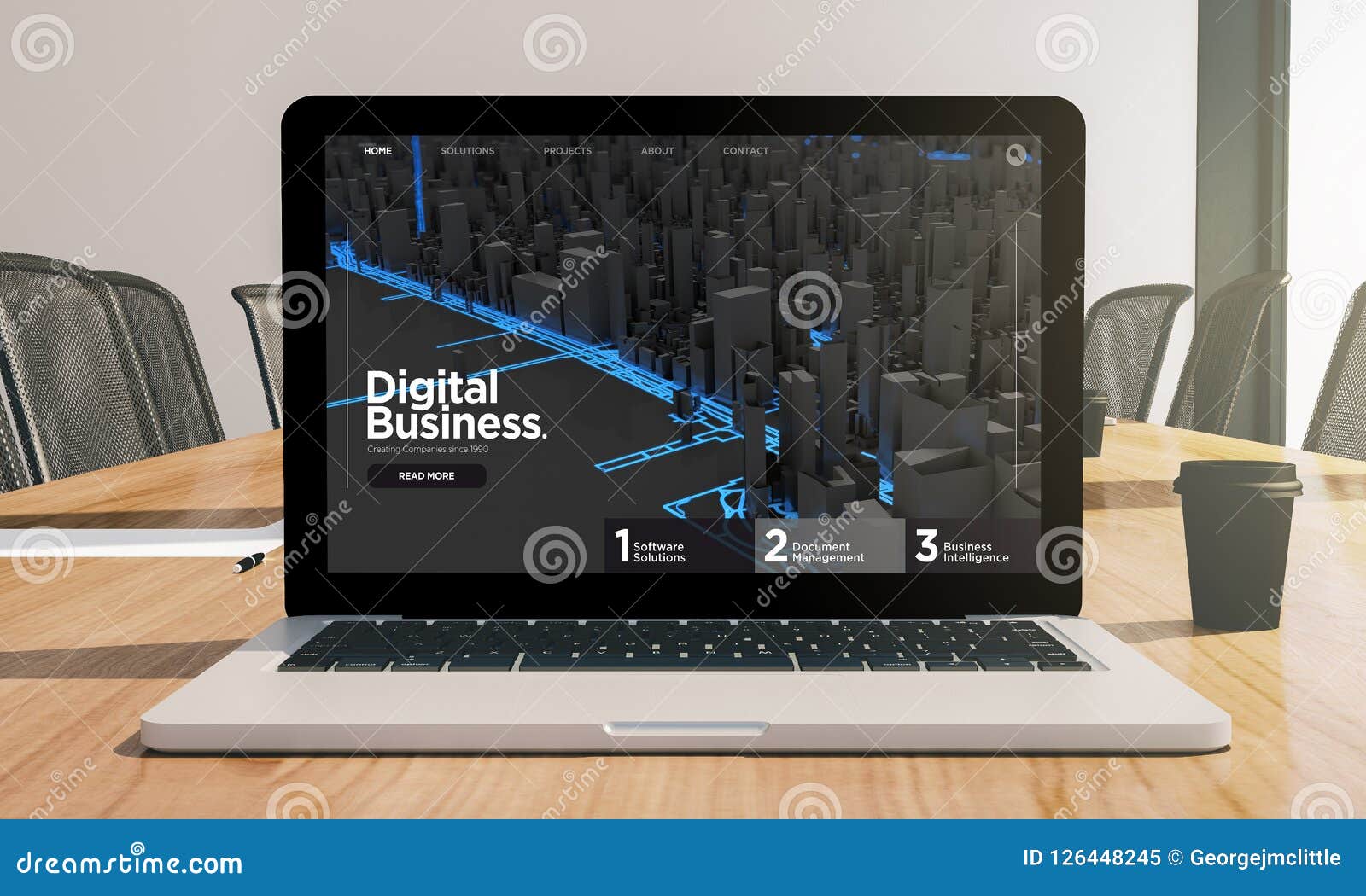 Download Digital Business Screen Laptop On Conference Room Mockup Stock Illustration - Illustration of ...