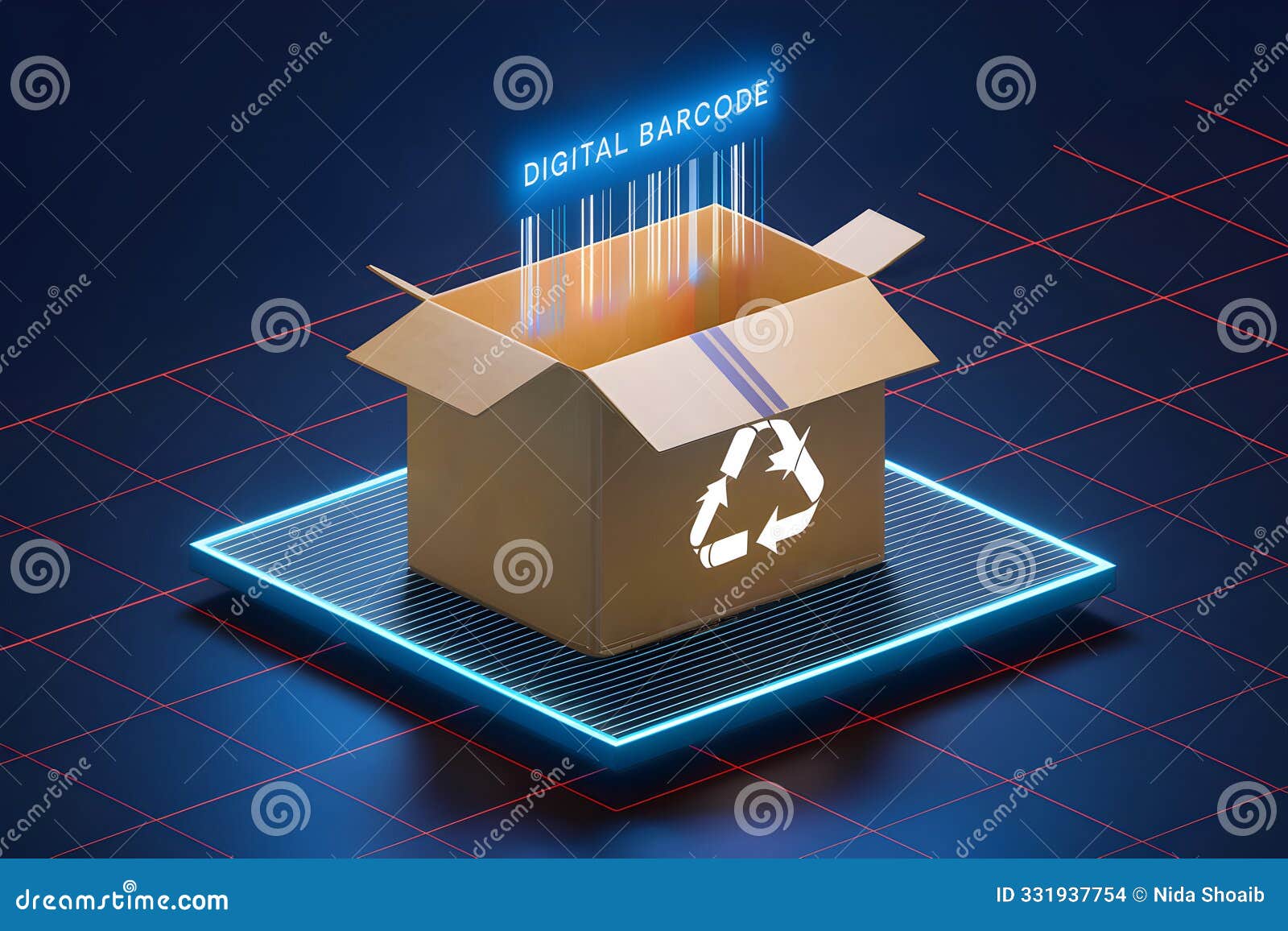 digital cardboard box on a grid like platform with a holographic barcode