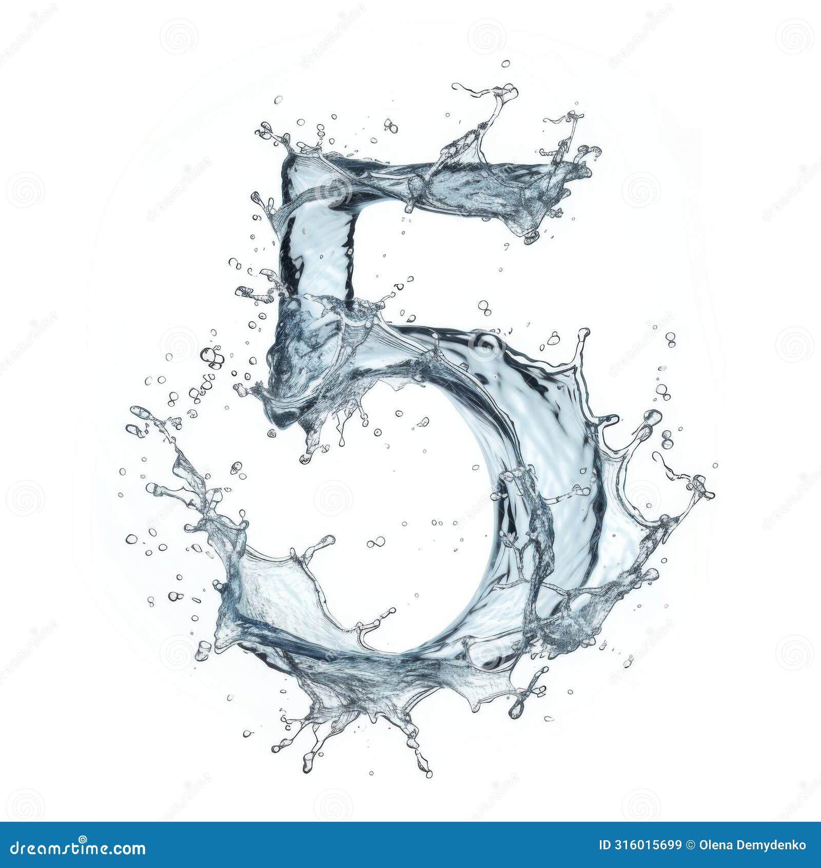 digital close-up on white background in water spray. number 5 made from water splashes. blue water splash alphabet