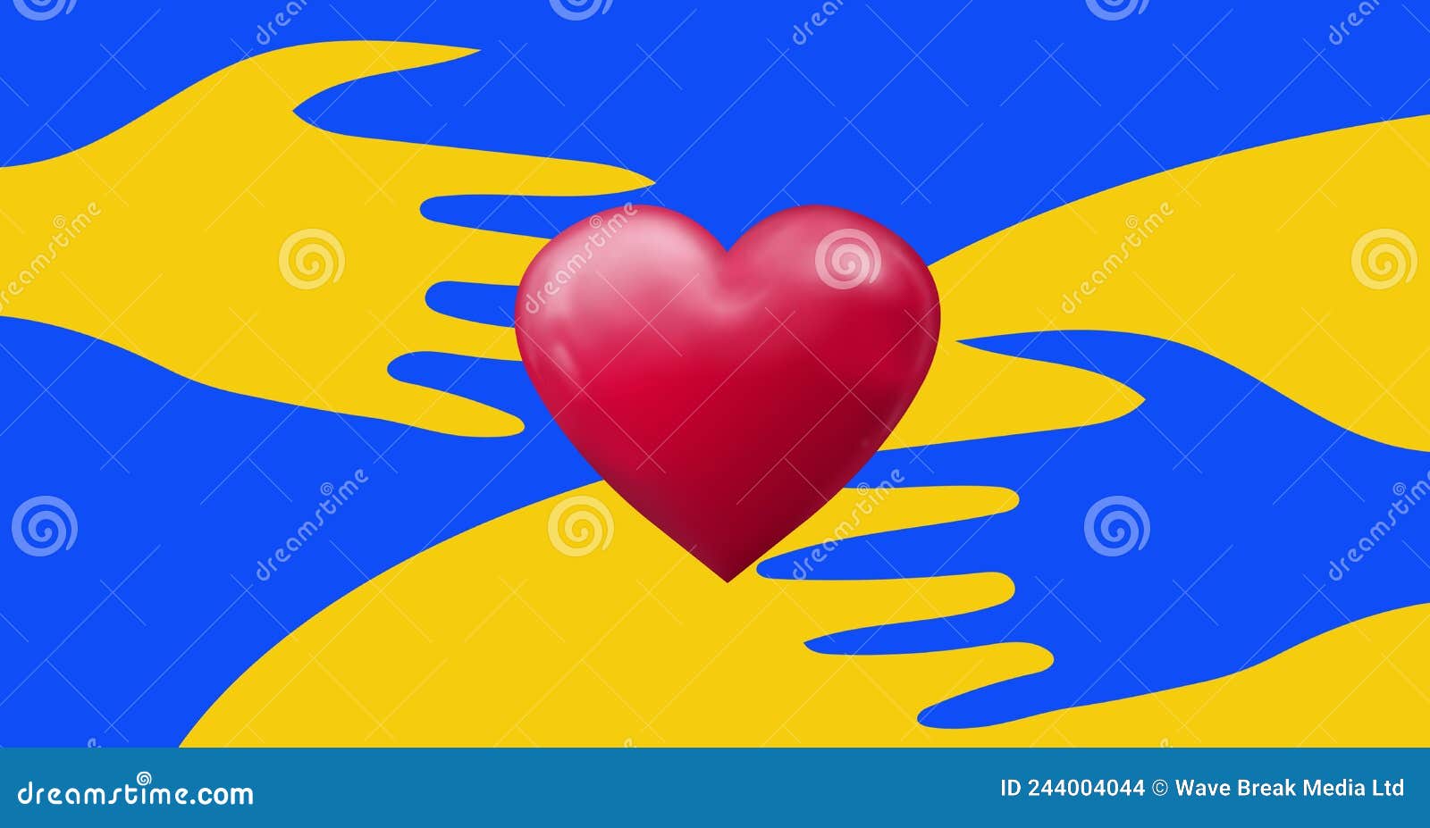 Digital Composite of Blue and Yellow Hands Reaching for Red Heart Shape Against Colored