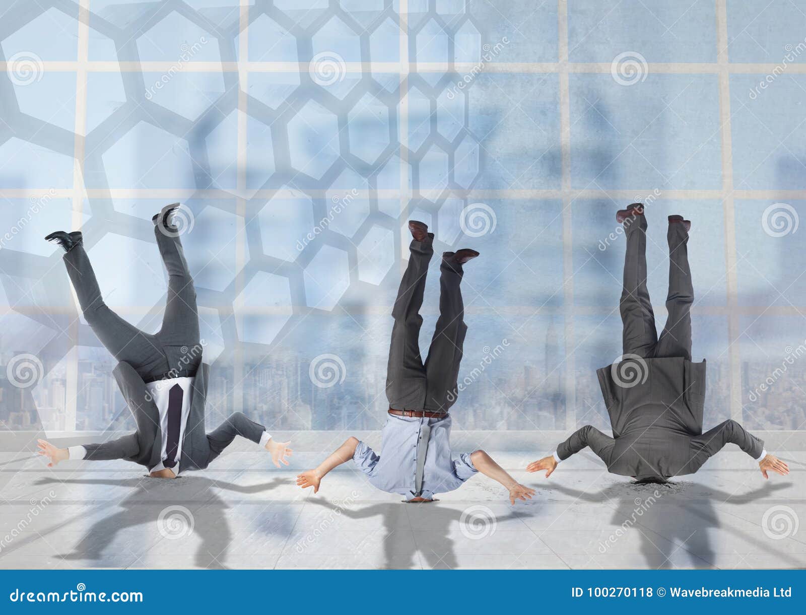 3 Business People Stuck Upside Down with Transition Background Stock