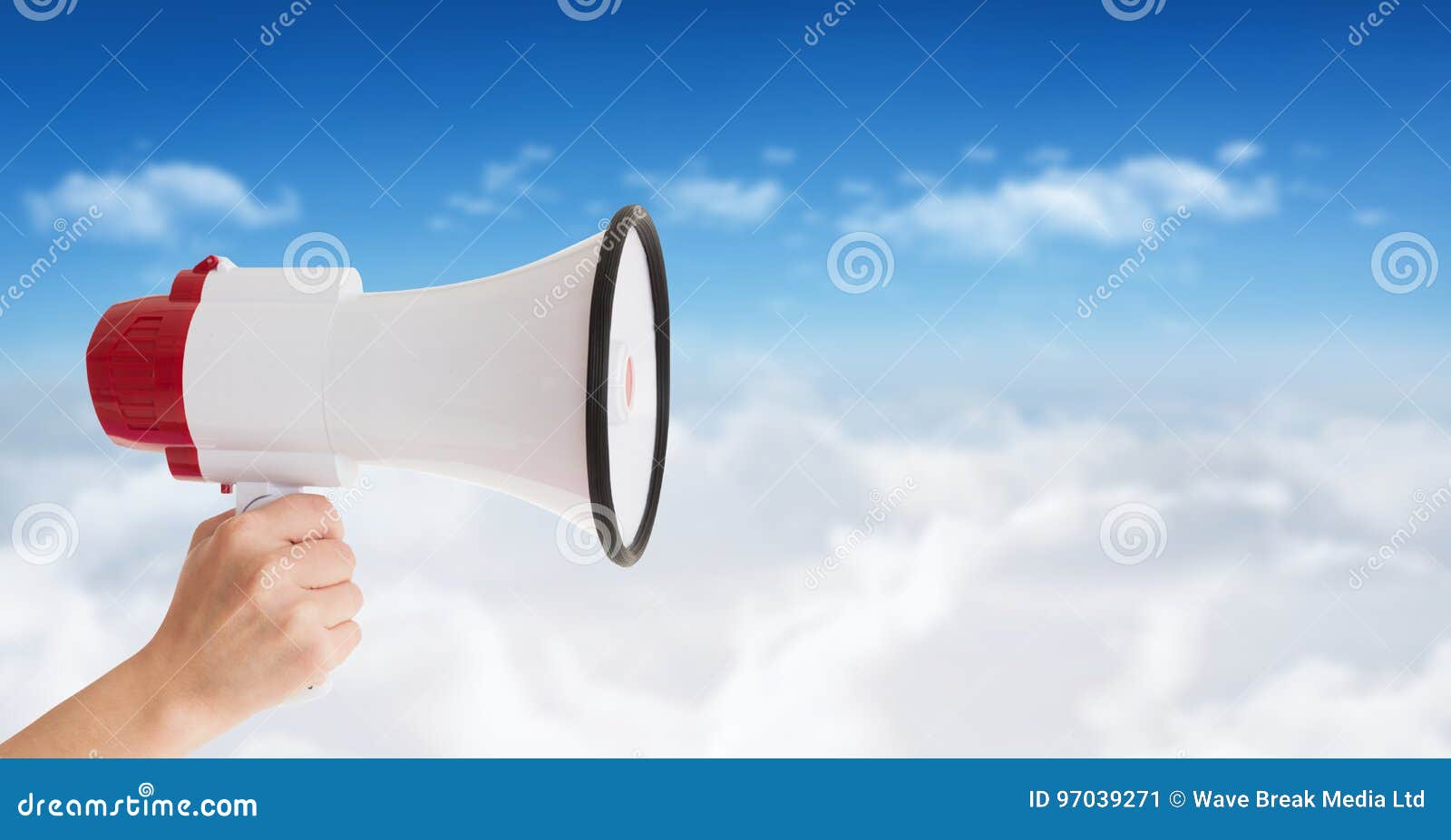 hand holding loud speaker in front of sky