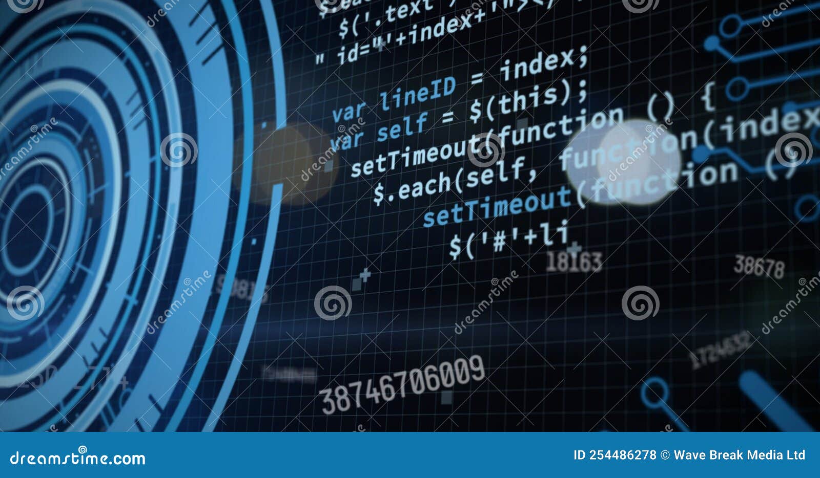 Digital Composite Image of Coding with Glowing Blue Virtual Technology Circle, Copy Space Stock
