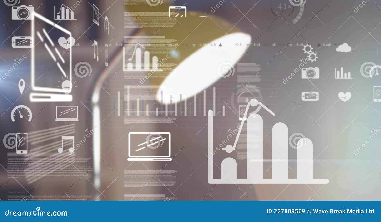 digital composite image of digital icons and data processing against lamp on office desk