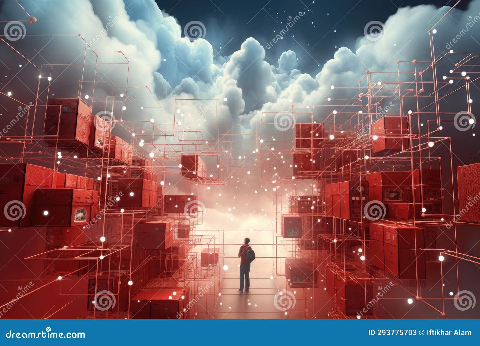 digital composite of man in front of boxes with network against blue sky, datos en la nube y red.concepto de ciencia y