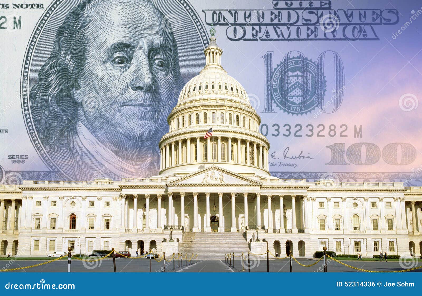 digital composite: u.s. capitol with one hundred dollar bill
