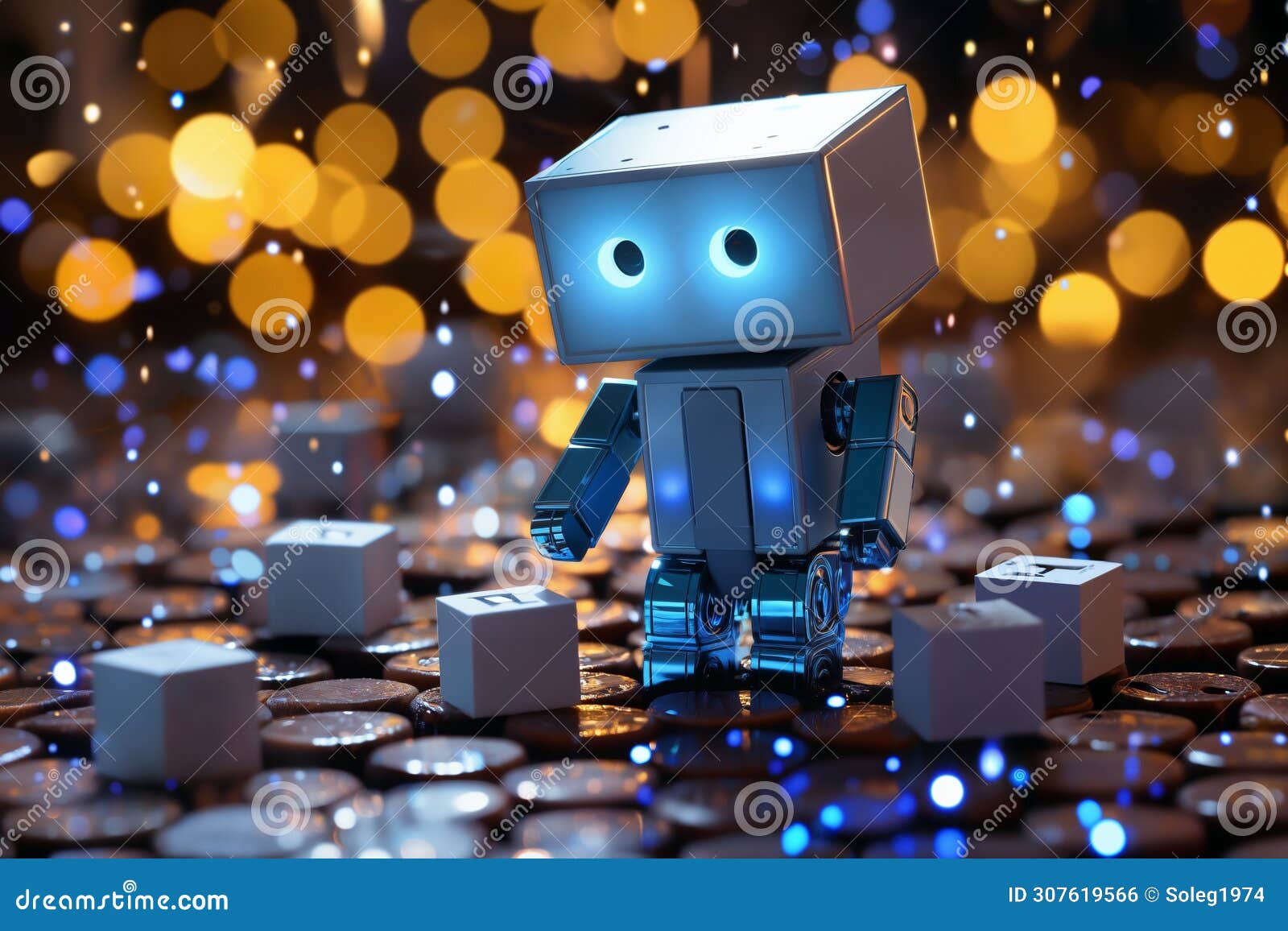digital computer robot android in a space of holographic s and lights, abstract background, cyber future, digital art