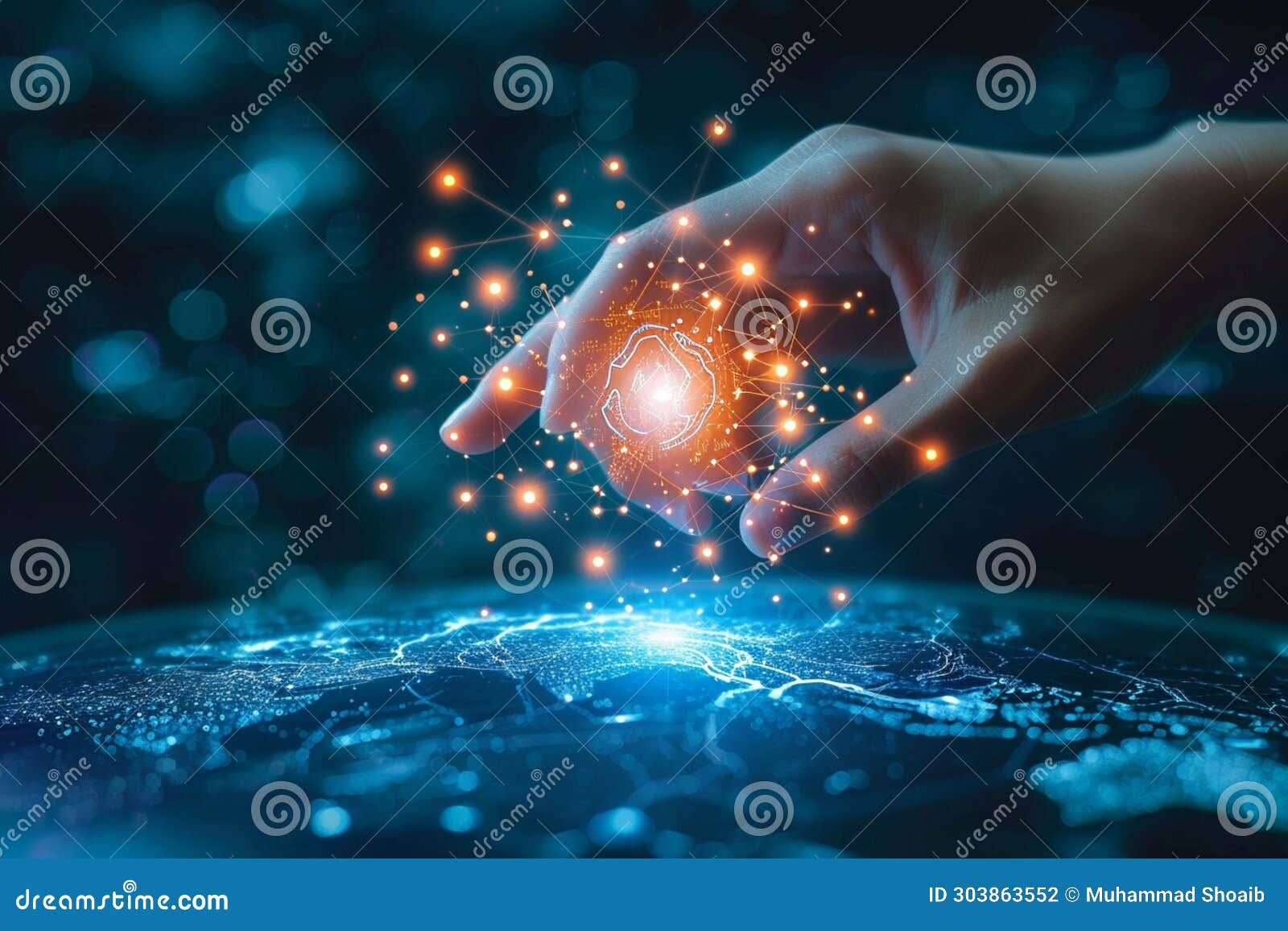 Digital Connectivity Hand Touches a Global Network in 3D Rendering ...