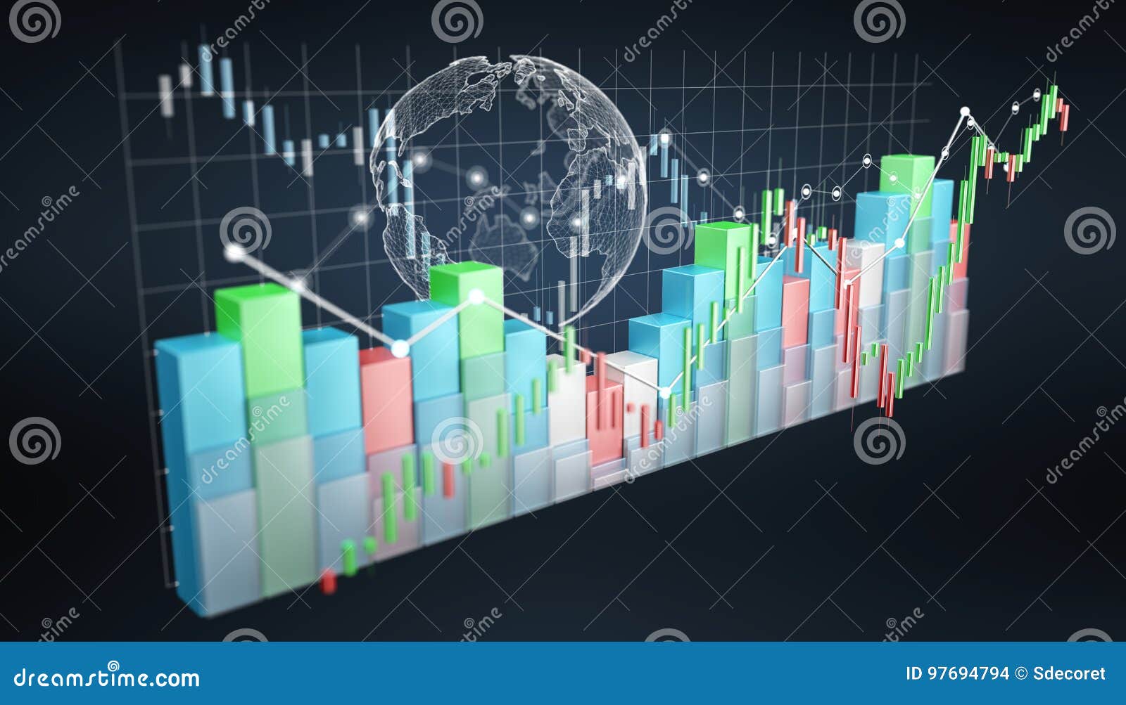 Digital 3D Rendered Stock Exchange Stats and Charts Stock Illustration