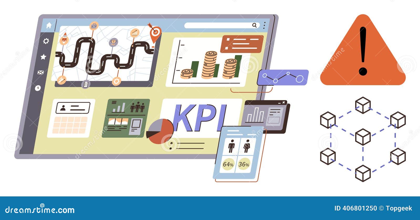 Data Analytics Dashboard with KPI Charts, Blockchain Network, and Risk  Alert Symbol Stock Vector - Illustration of analytics, process: 406801250