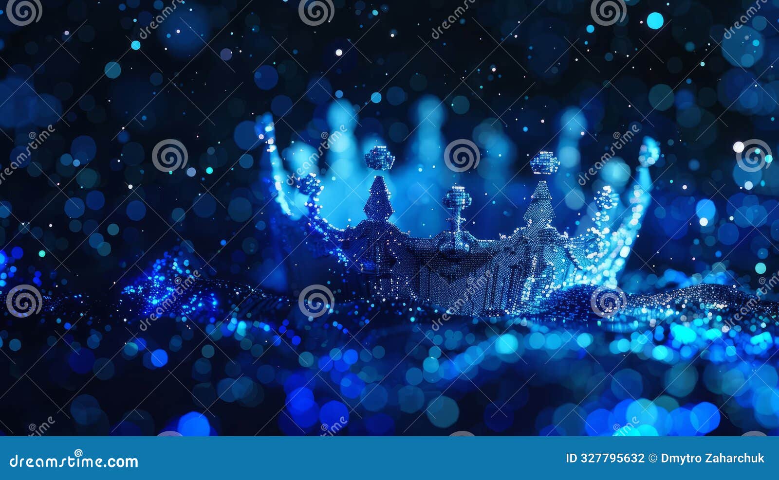 digital data crown, dark digital realm, sparkling data bits, royal blue glow.