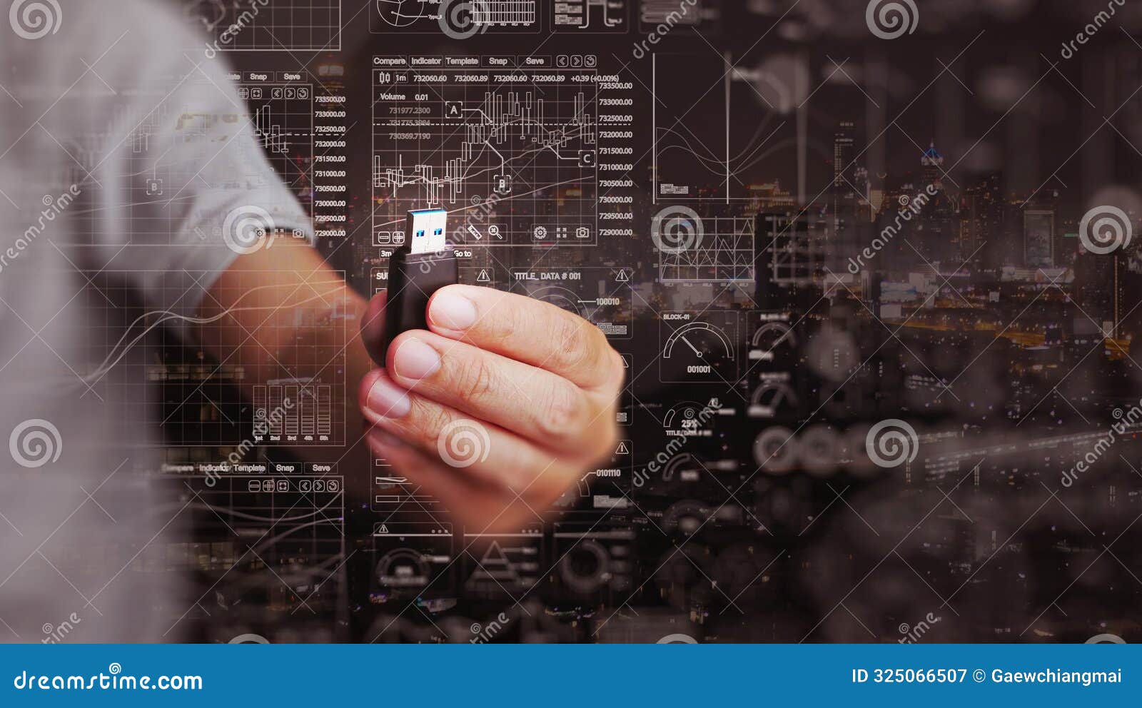 digital data storage and sharing technology concept. a man holds a flash drive storing much datum and information for futher use,