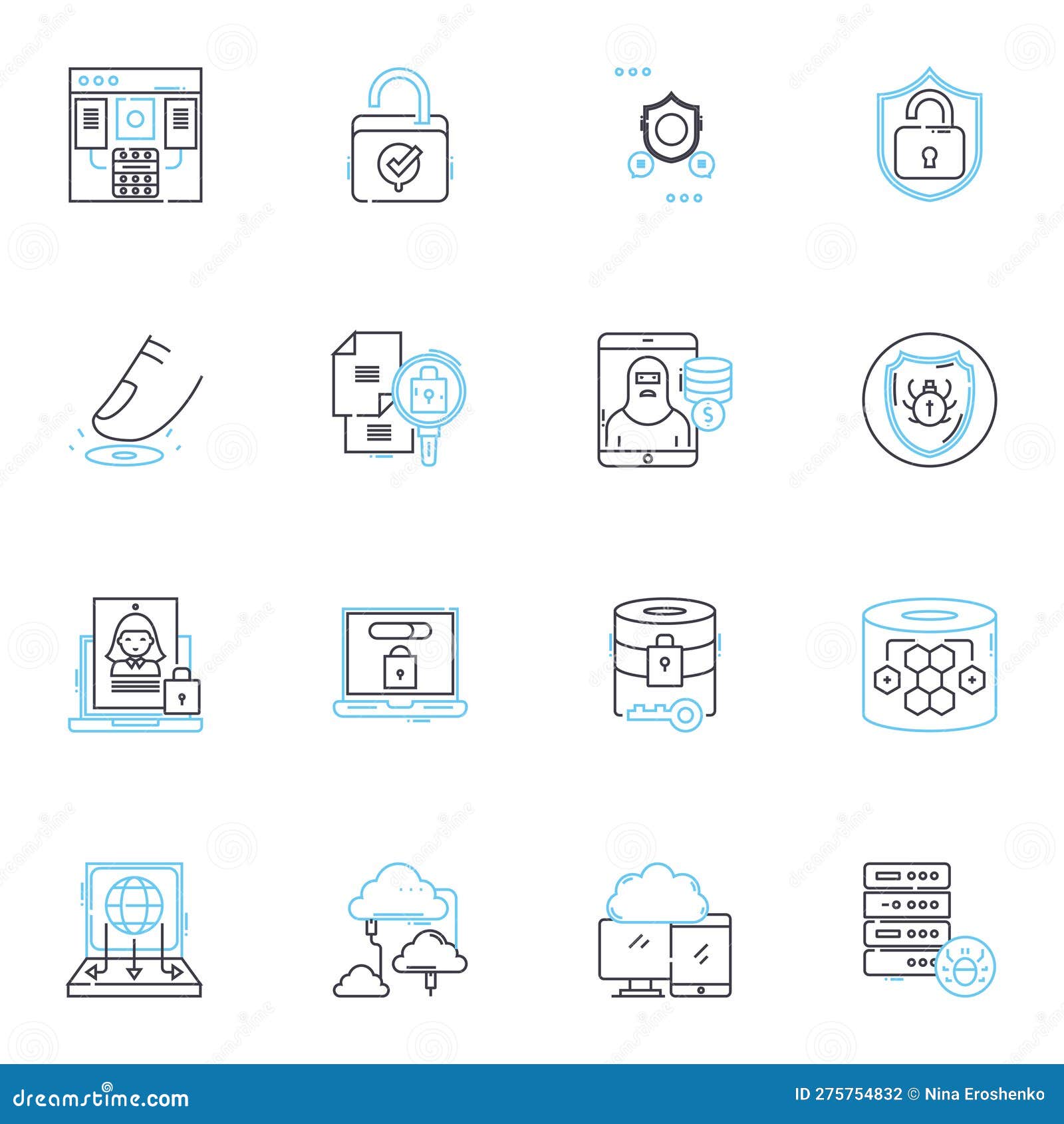 digital defense linear icons set. cybersecurity, encryption, firewall, malware, passwords, phishing, vulnerabilities