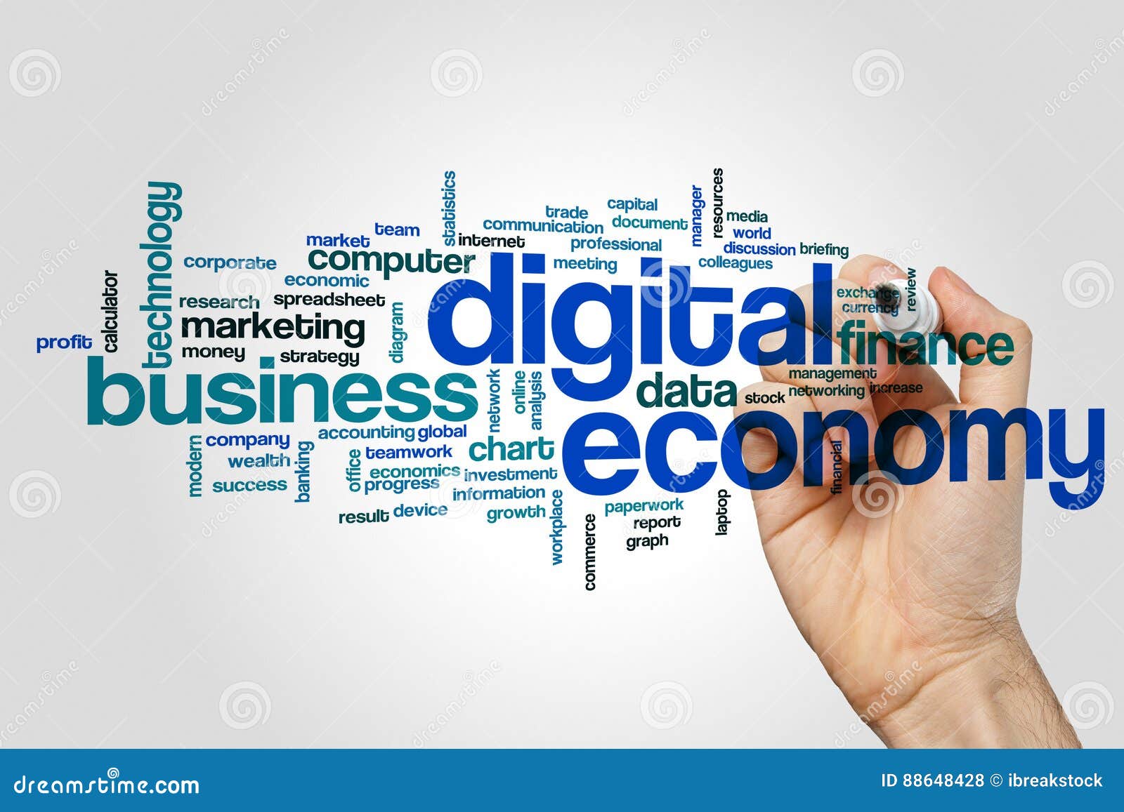 Digital Economy Word Cloud Concept on Grey Background Stock
