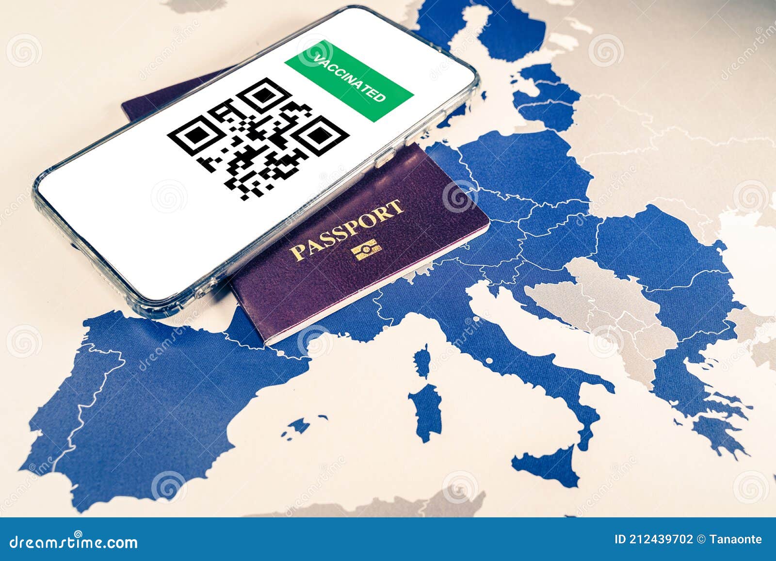 Digital Green Passport with QR Code on a Smartphone Over an EU Map