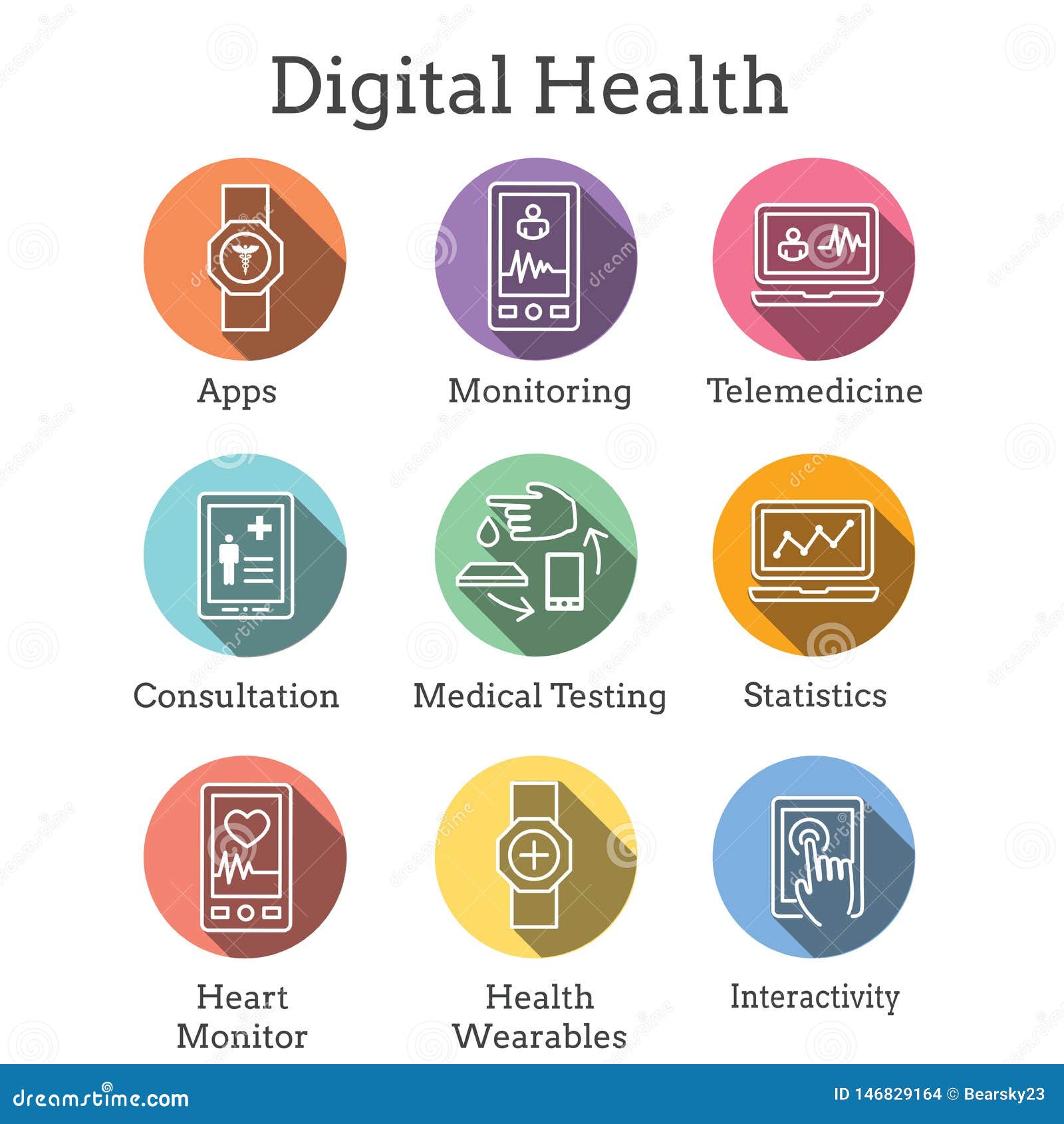 Digital Health Icon Set with Wearable Technology  Header Banner