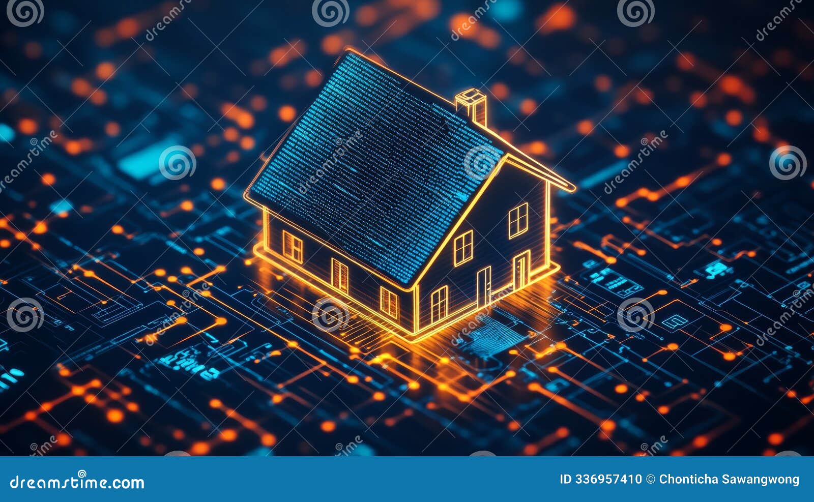 digital house concept with glowing outline on a circuit board, izing smart home technology and innovation