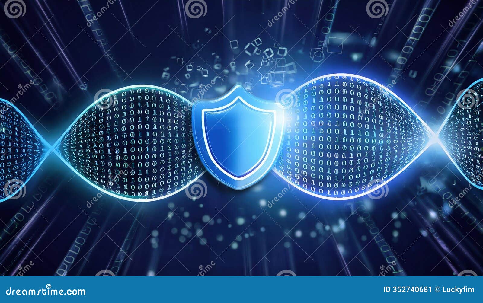digital  of a blue shield overlaid on binary code, representing cybersecurity, protection, and data integrity in a
