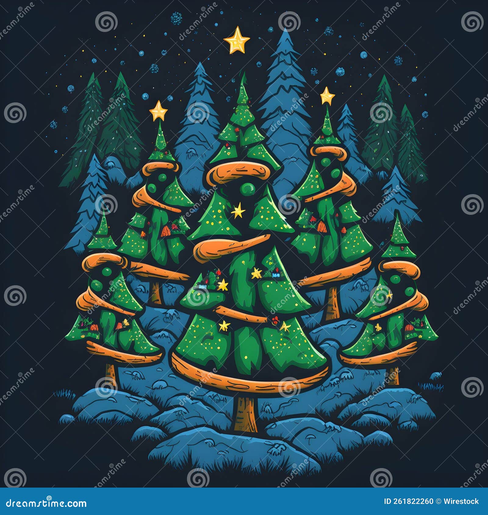 Digital Illustration of Cute Cartoon Christmas Trees on a Snowy