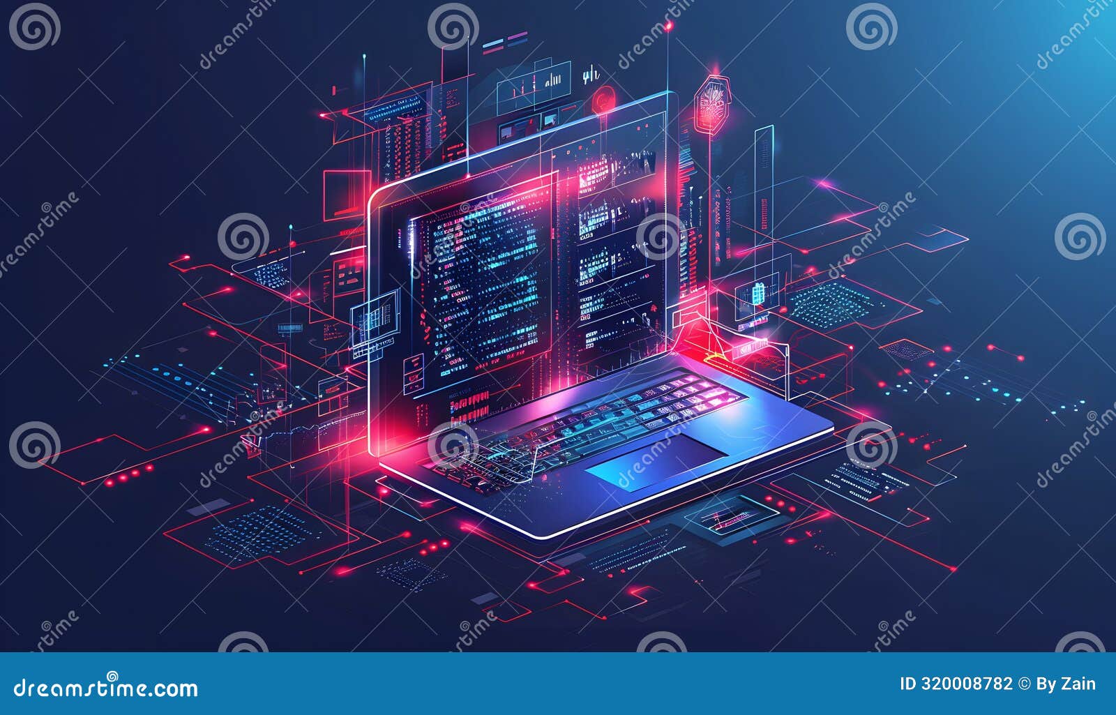 Digital Illustration of Laptop with Coding and Data Visualization ...