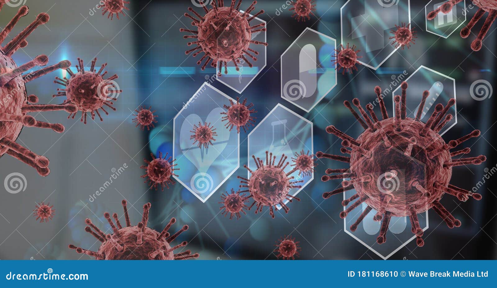 digital  of macro coronavirus covid-19 cells floating and medical icons