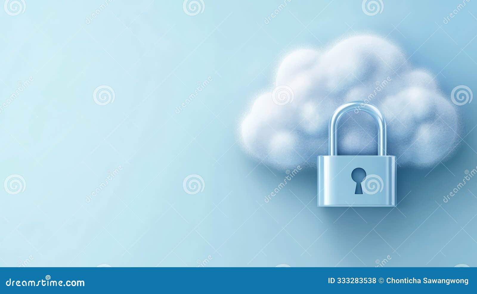 a digital  of a padlock izing cloud security, featuring a cloud backdrop and soft blue tones