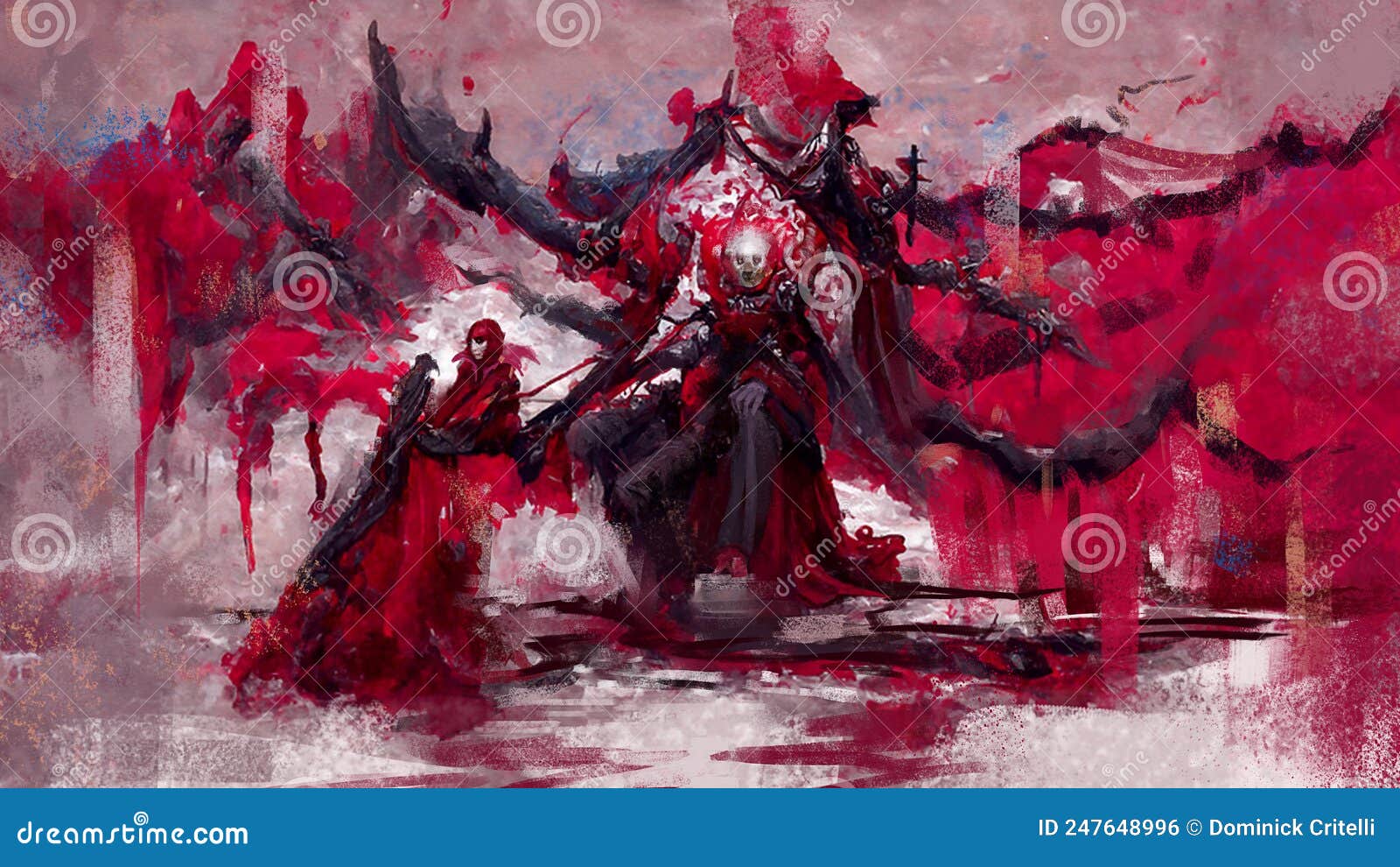 digital  of a red underworld demon character and his royal bride - fantasy painting