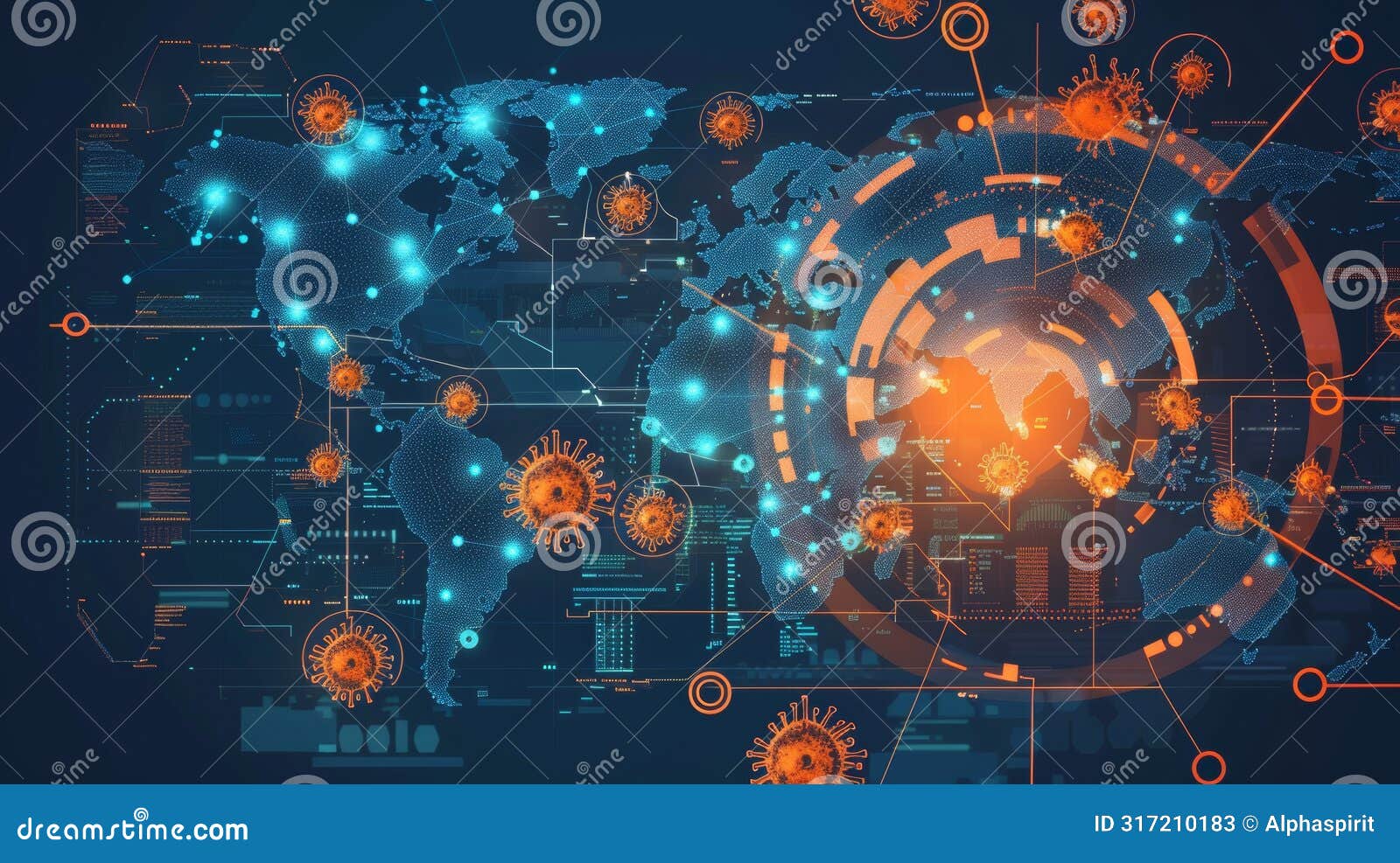 digital  showing covid19's impact on a global map with data points