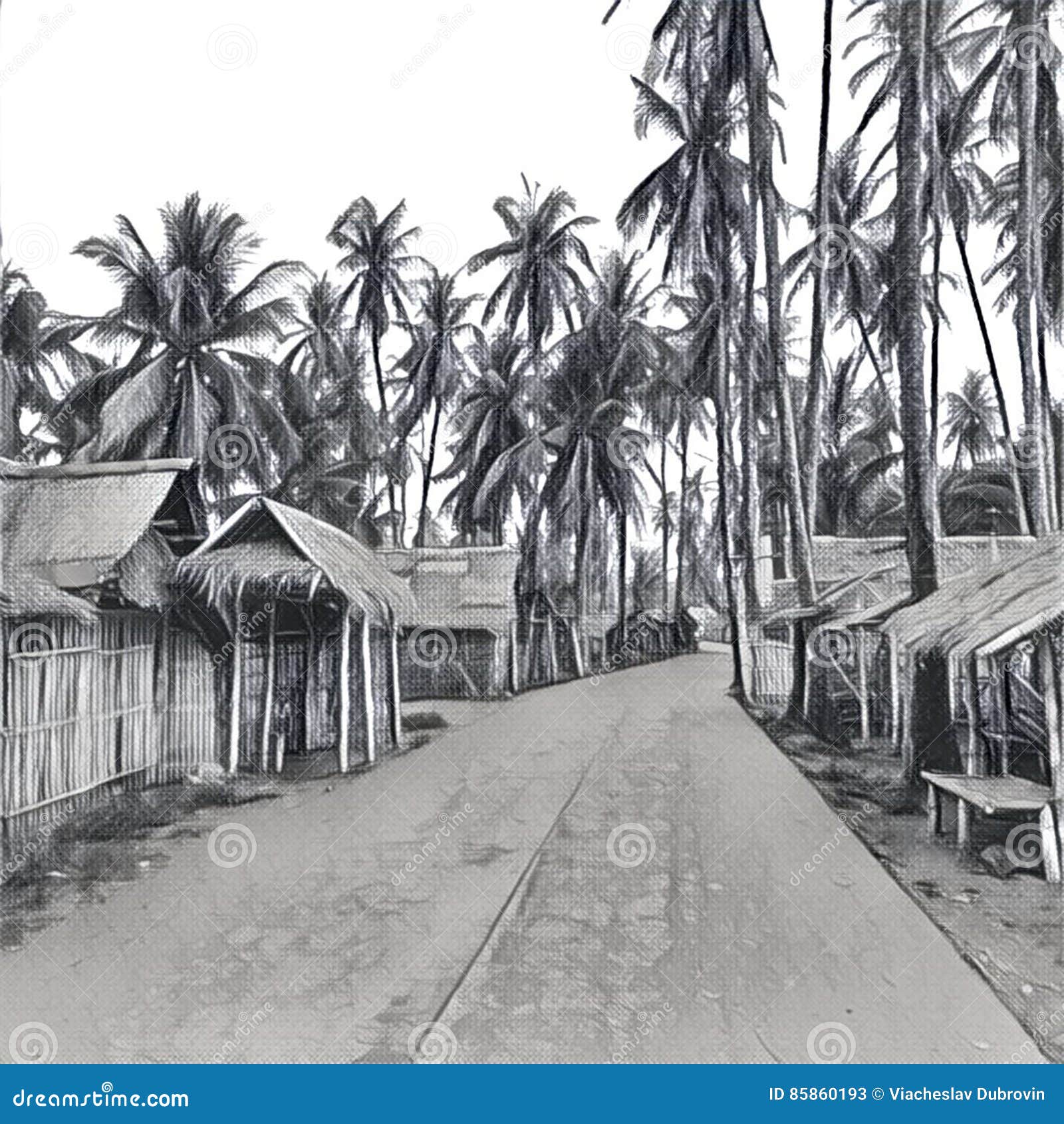 digital  - the village in jungle. traditional filipino village pencil sketch