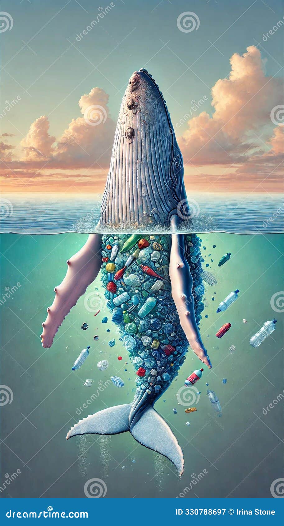 whale made of plastic waste in ocean: stunning digital art highlighting marine pollution and environmental awareness