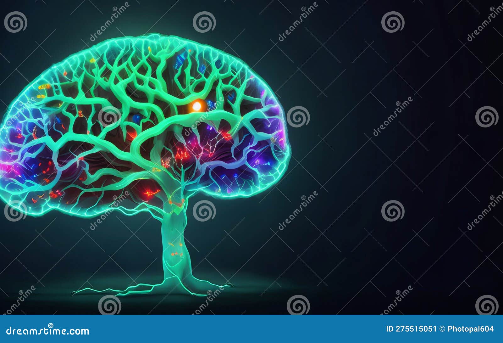 a digital image, a glowing brain-d tree, and psychedelic artwork.