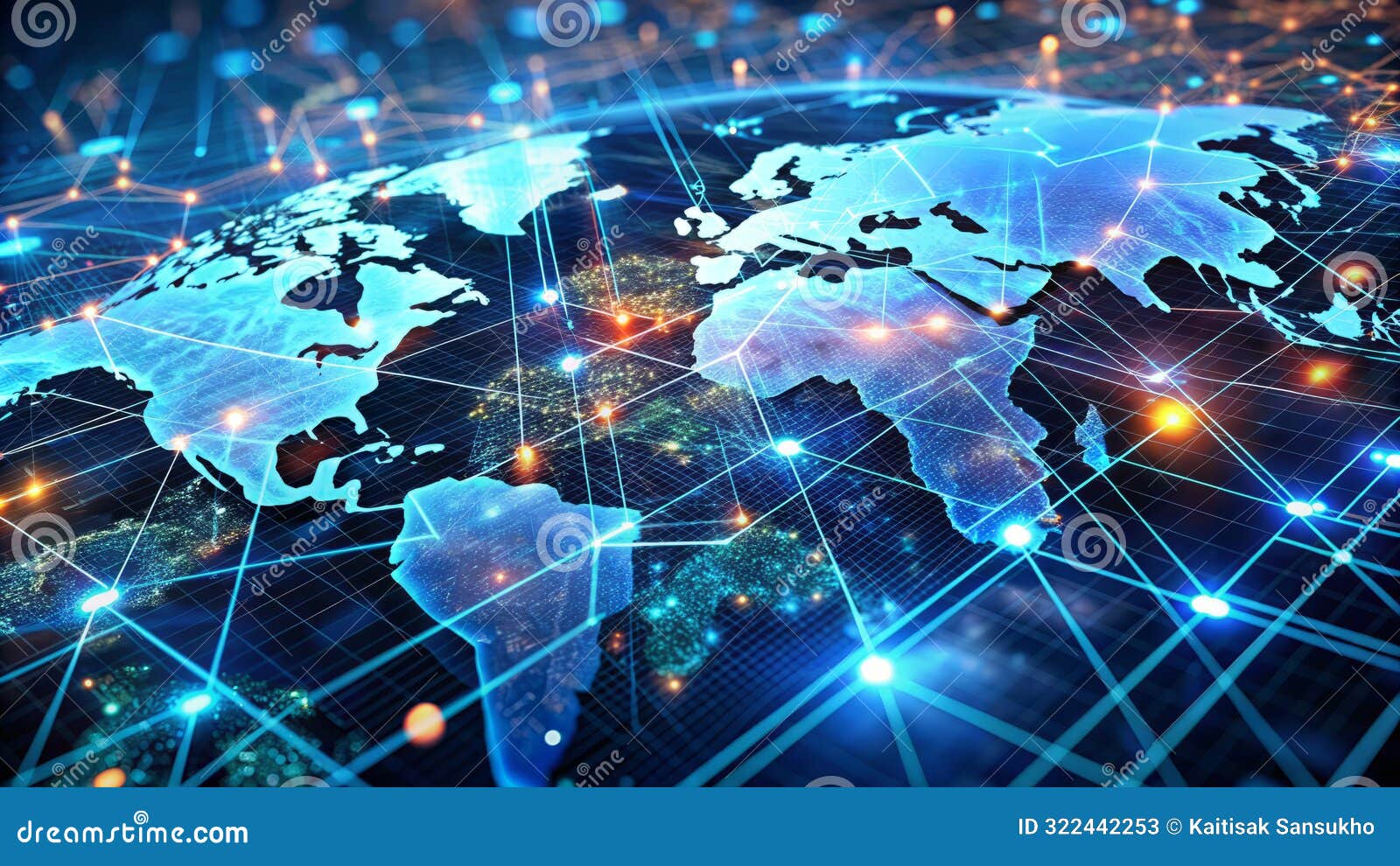 a digital image of planet earth with a glowing network of connections representing the internet and global communication