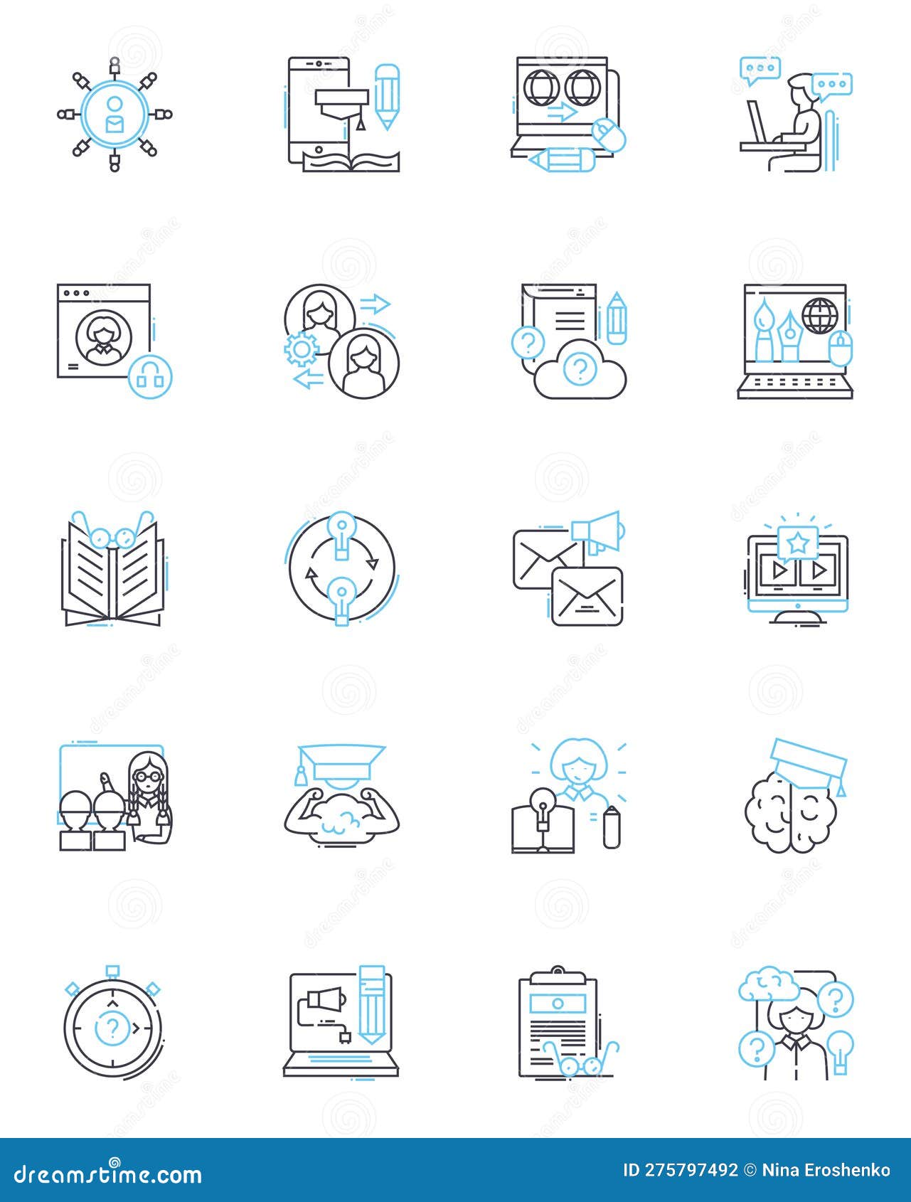 digital instruction linear icons set. e-learning, online, virtual, distance, digital, interactive, multimedia line