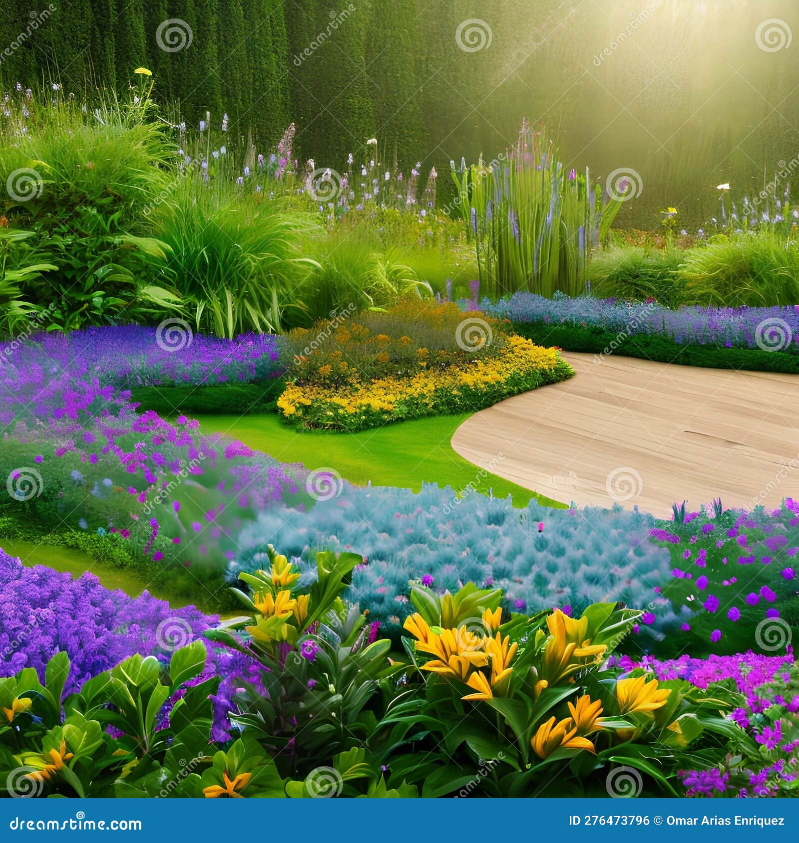 A Digital Interpretation of a Garden, with Blooming Flowers and Plants Arranged in Abstract
