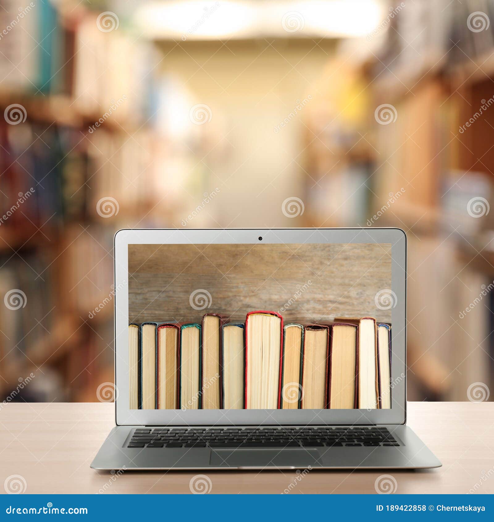 Digital Library Concept. Modern Laptop on Table Stock Photo Image of