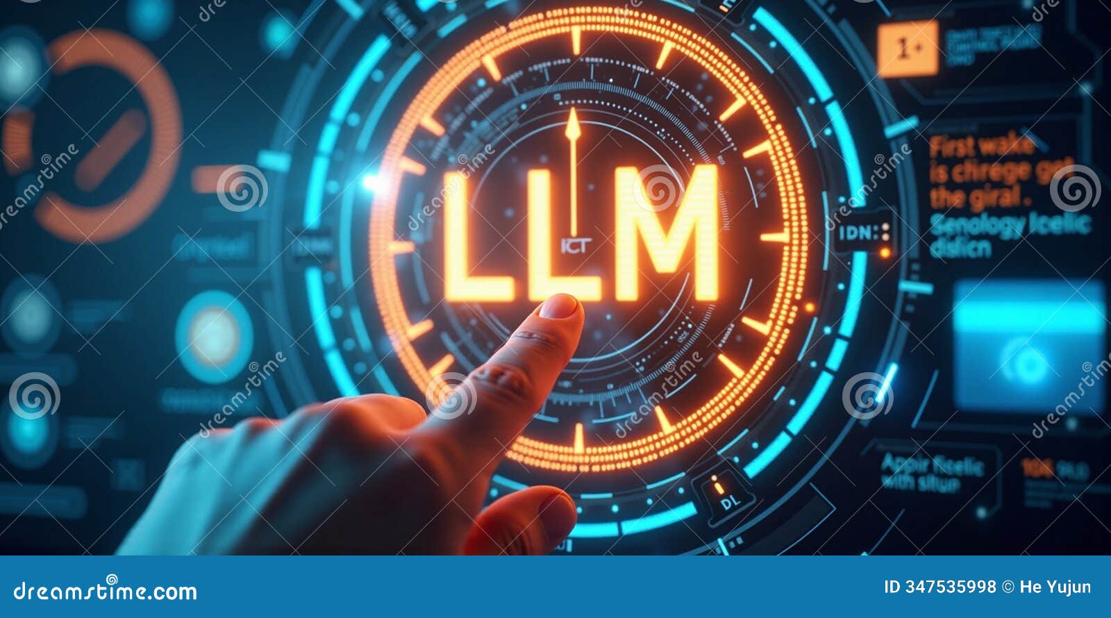 hand touching glowing llm icon and business analytics interface