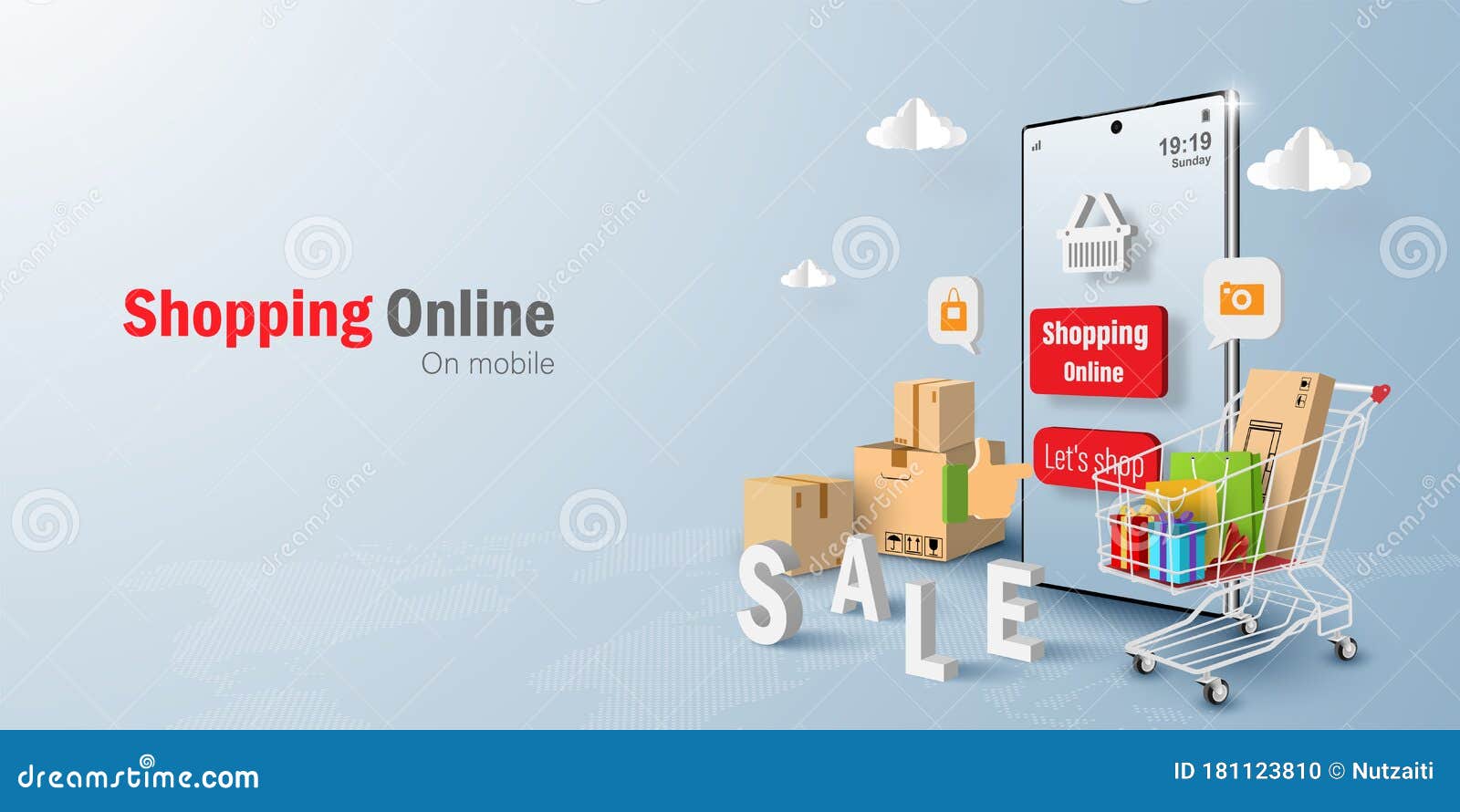 Digital Marketing Concept Online Shopping on Mobile Application, Banner  Background Stock Illustration - Illustration of market, mobile: 181123810