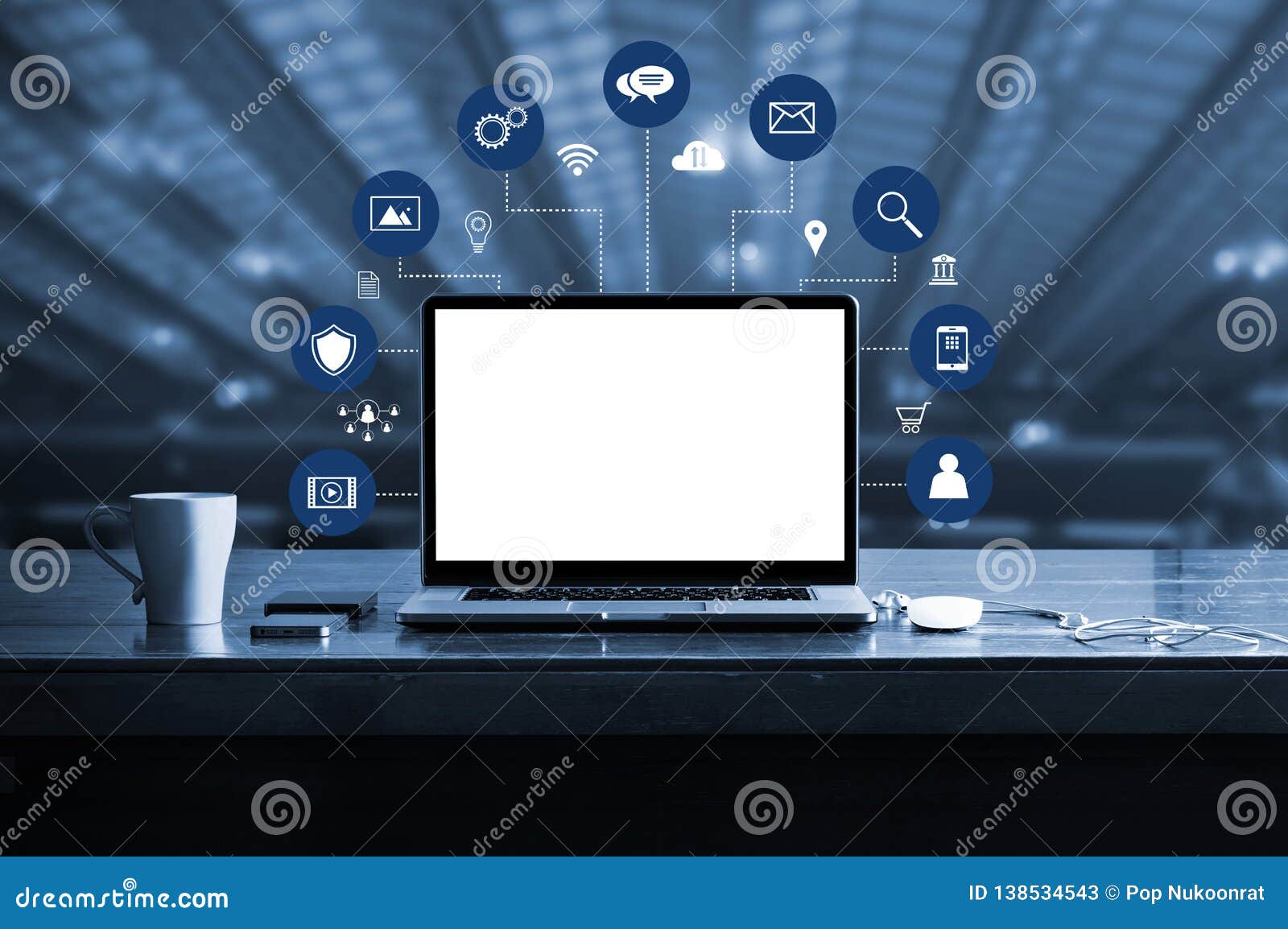 digital marketing. laptop computer with white screen blank and virtual icon digital marketing