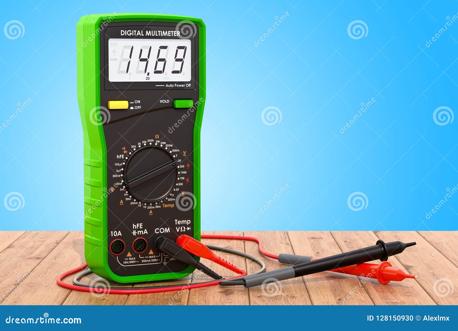 digital multimeter on the wooden table. 3d rendering